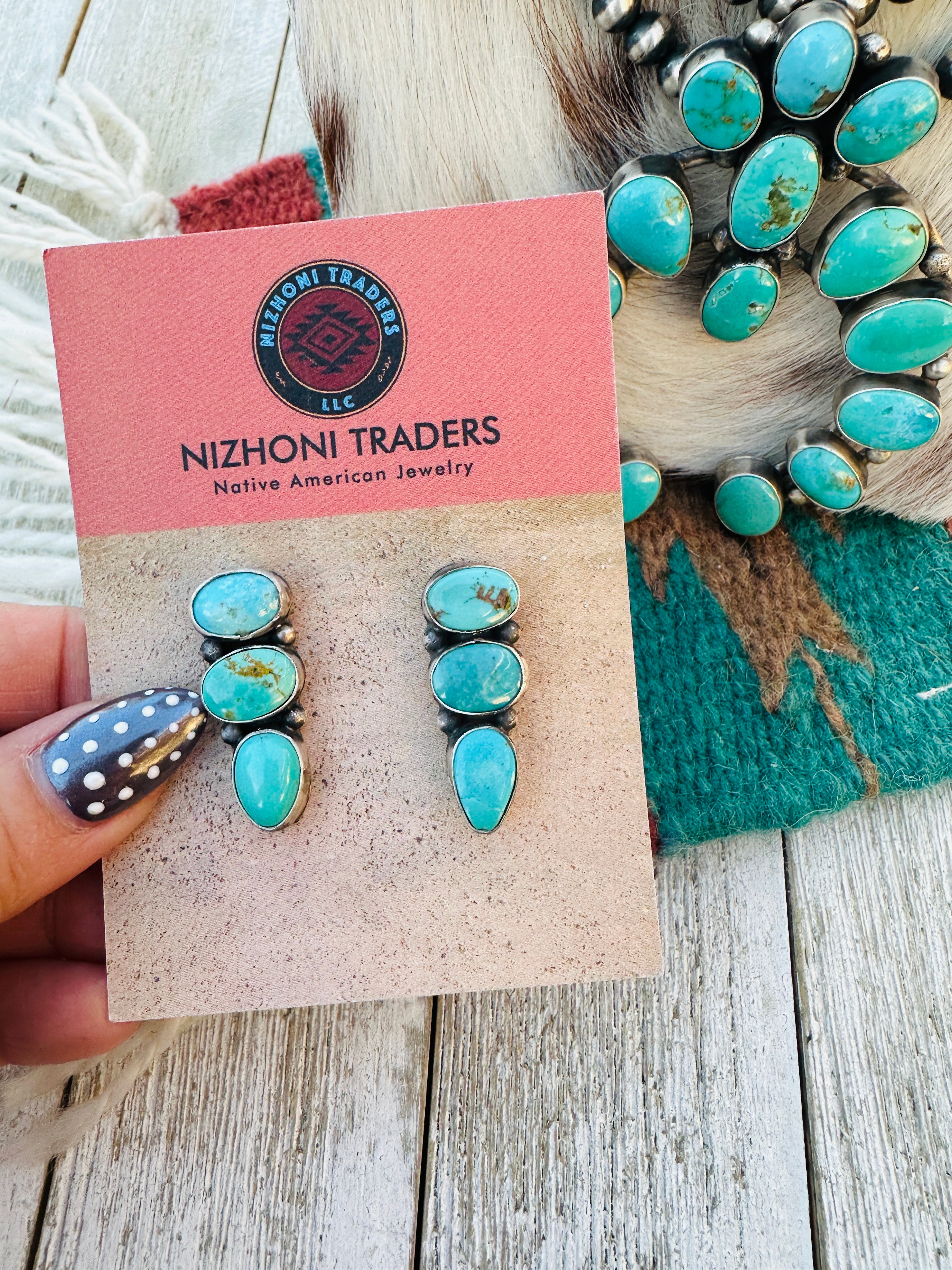 Handcrafted Carico Lake Turquoise & Sterling Silver Squash Blossom Necklace and Earring Set