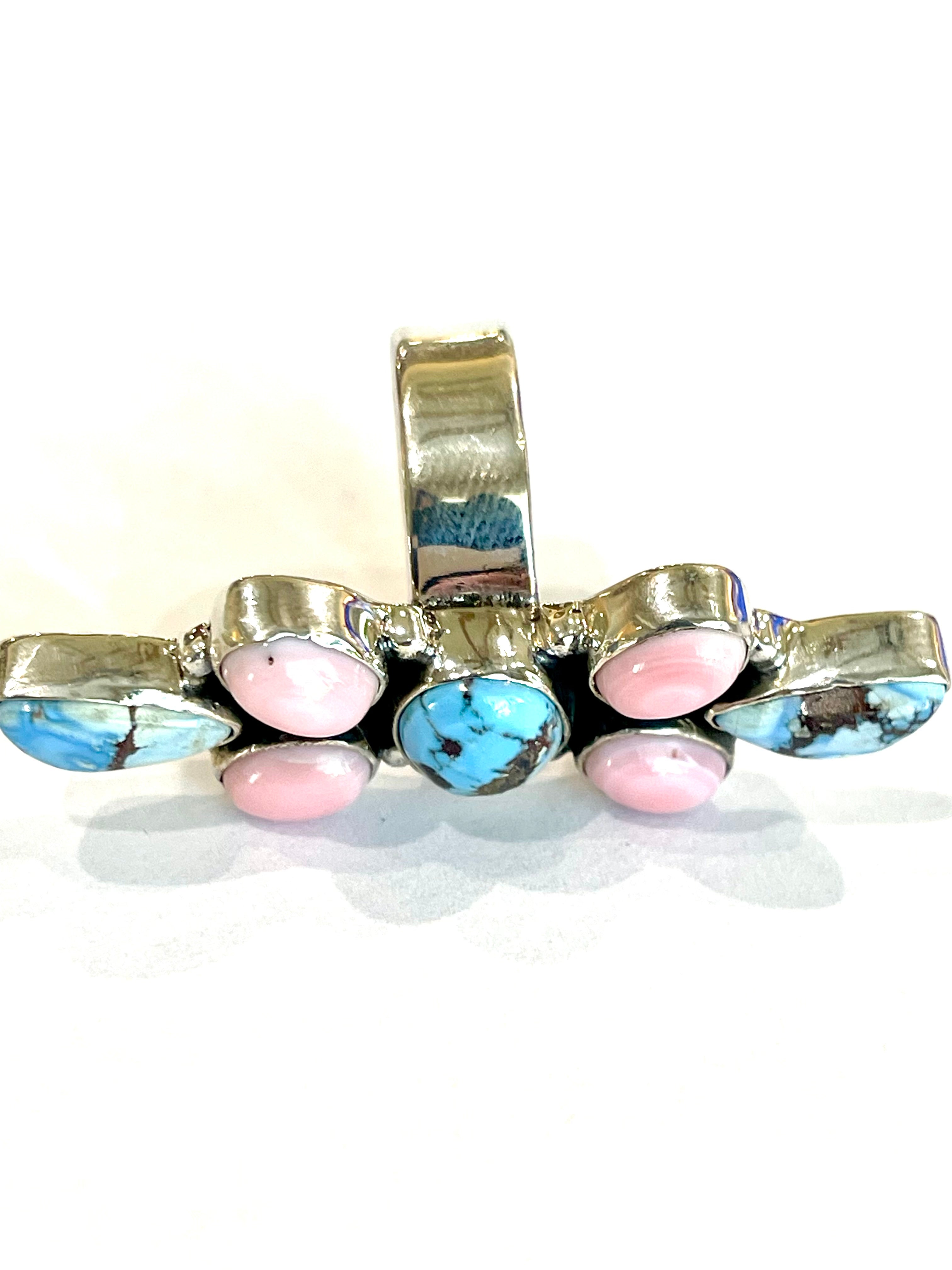 Beautiful Handmade Golden Hills Turquoise, Pink Conch And Sterling Silver Adjustable Ring