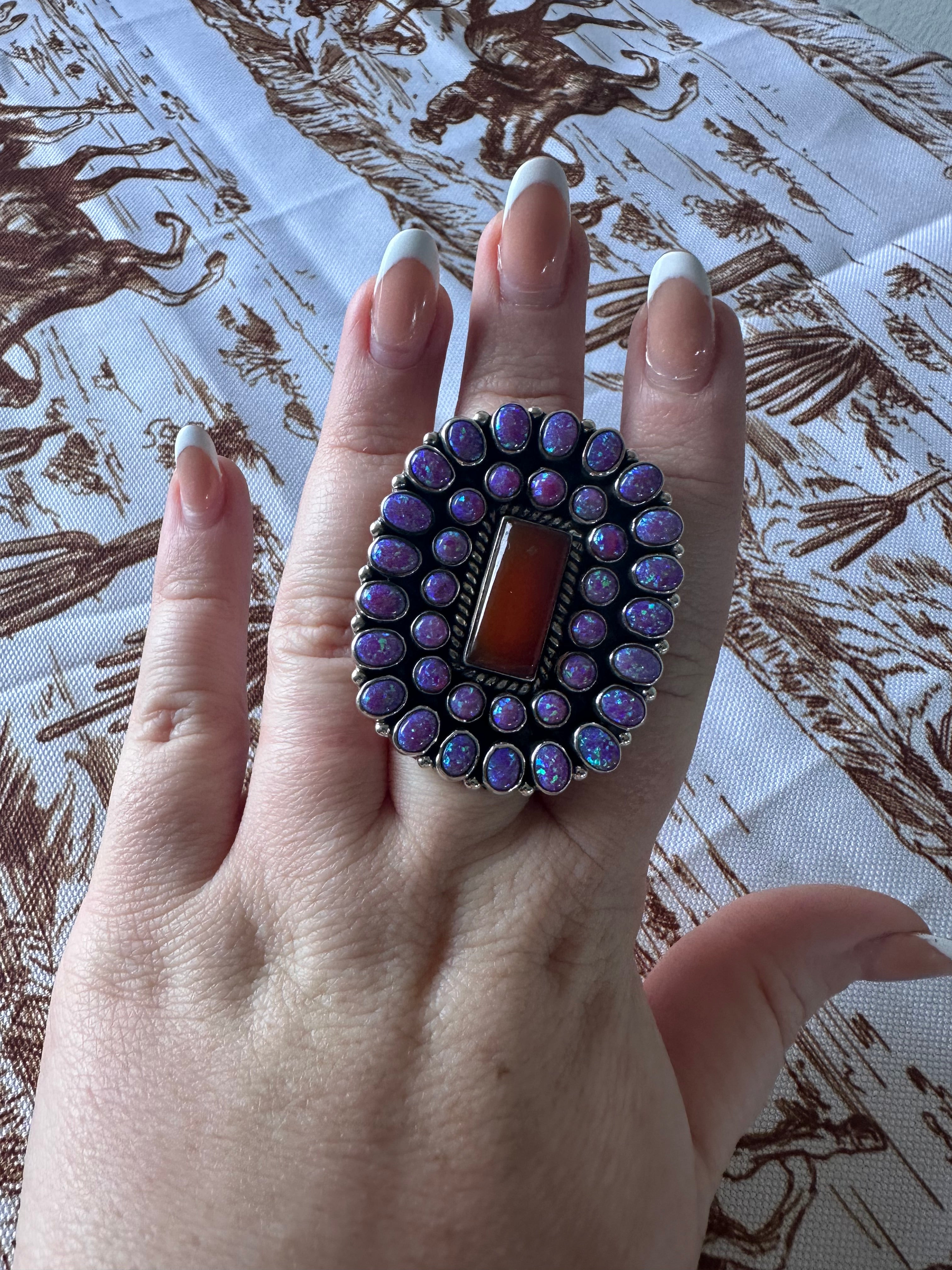 Handmade Amber, Purple Fire Opal And Sterling Silver Adjustable Ring