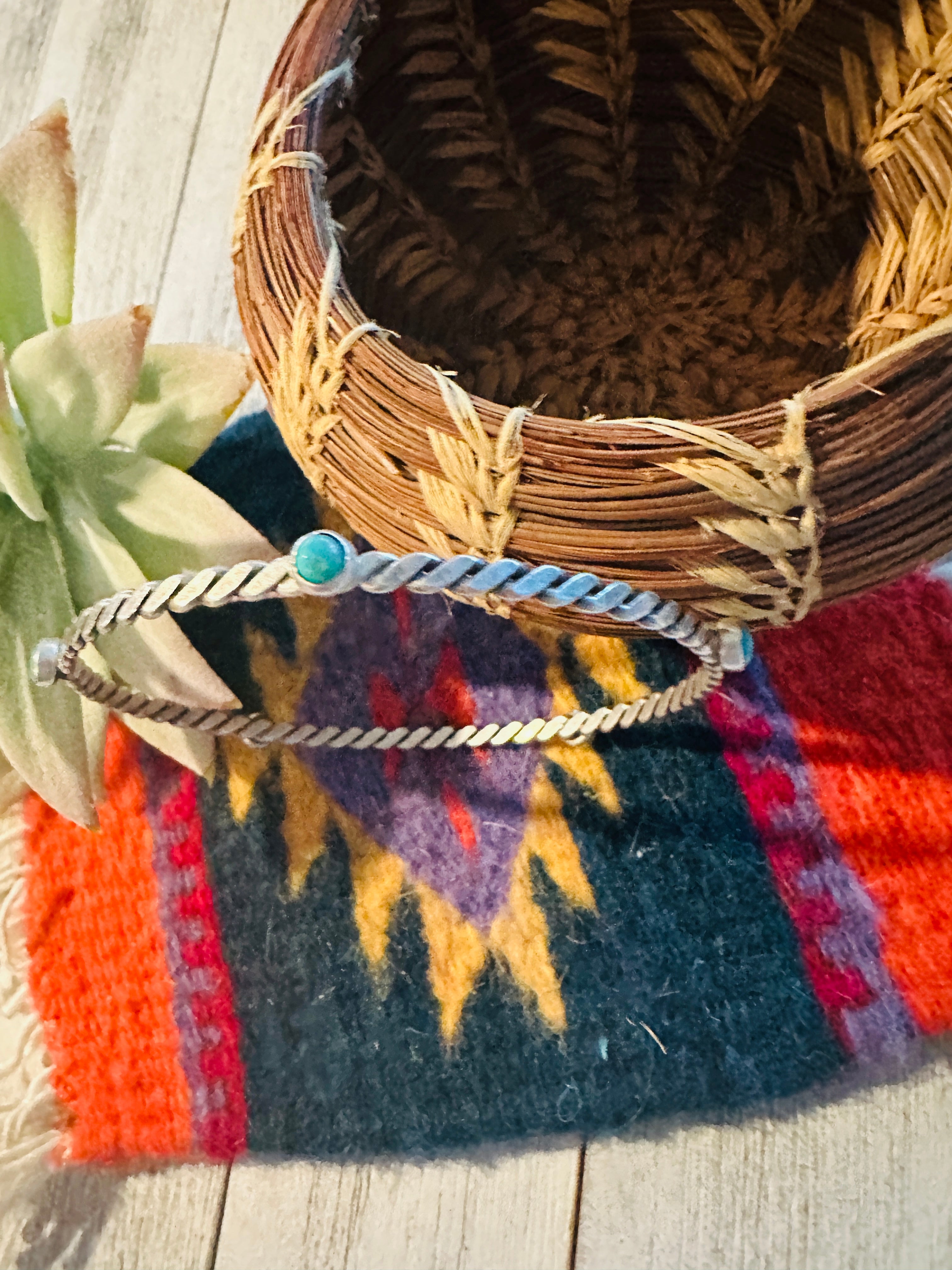 Navajo Twisted Sterling Silver & Turquoise Bangle Bracelet