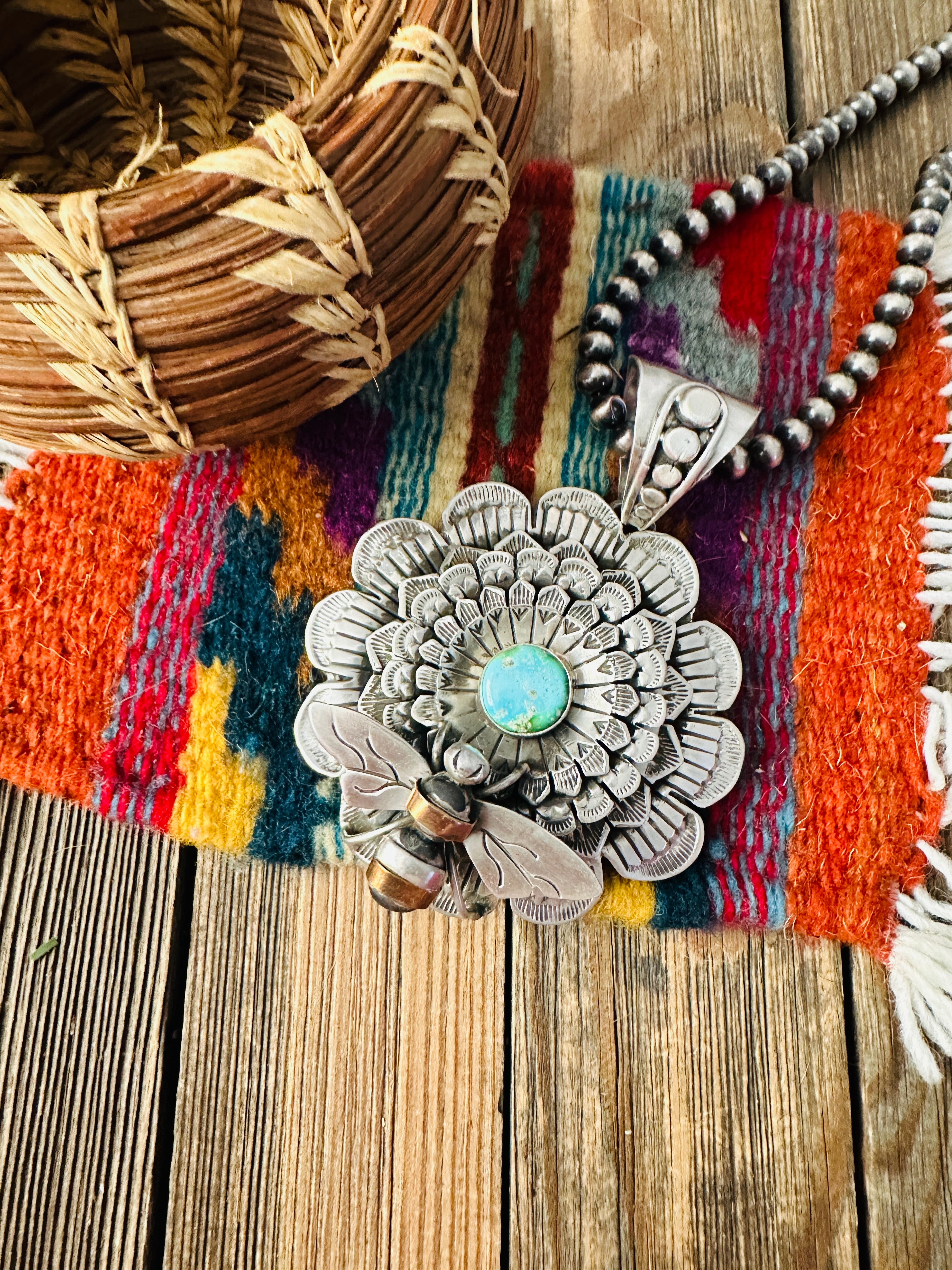 Handcrafted Sterling Silver & Turquoise Flower Bumblebee Pendant by Patrick Yazzie
