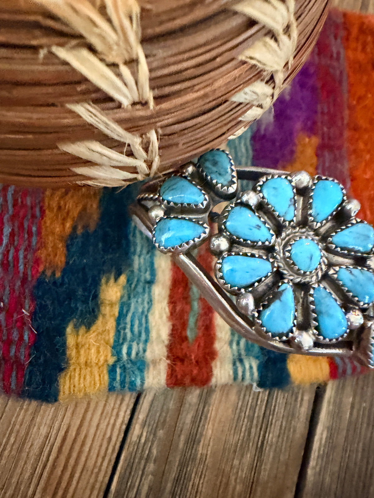 Handcrafted Old Pawn Sterling Silver & Turquoise Cluster Cuff Bracelet