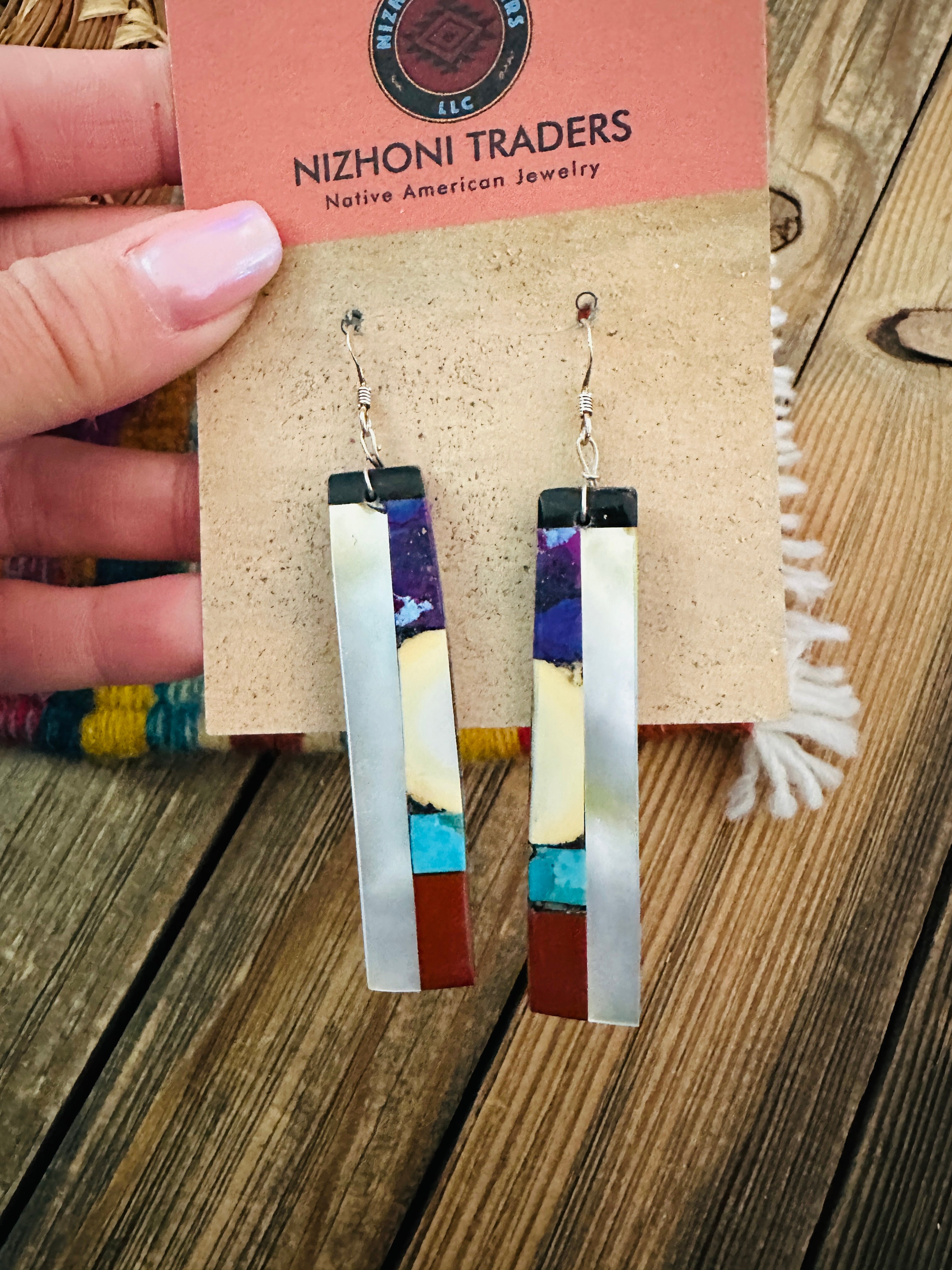 Handcrafted Multi Stone Inlay Slab Dangle Earrings