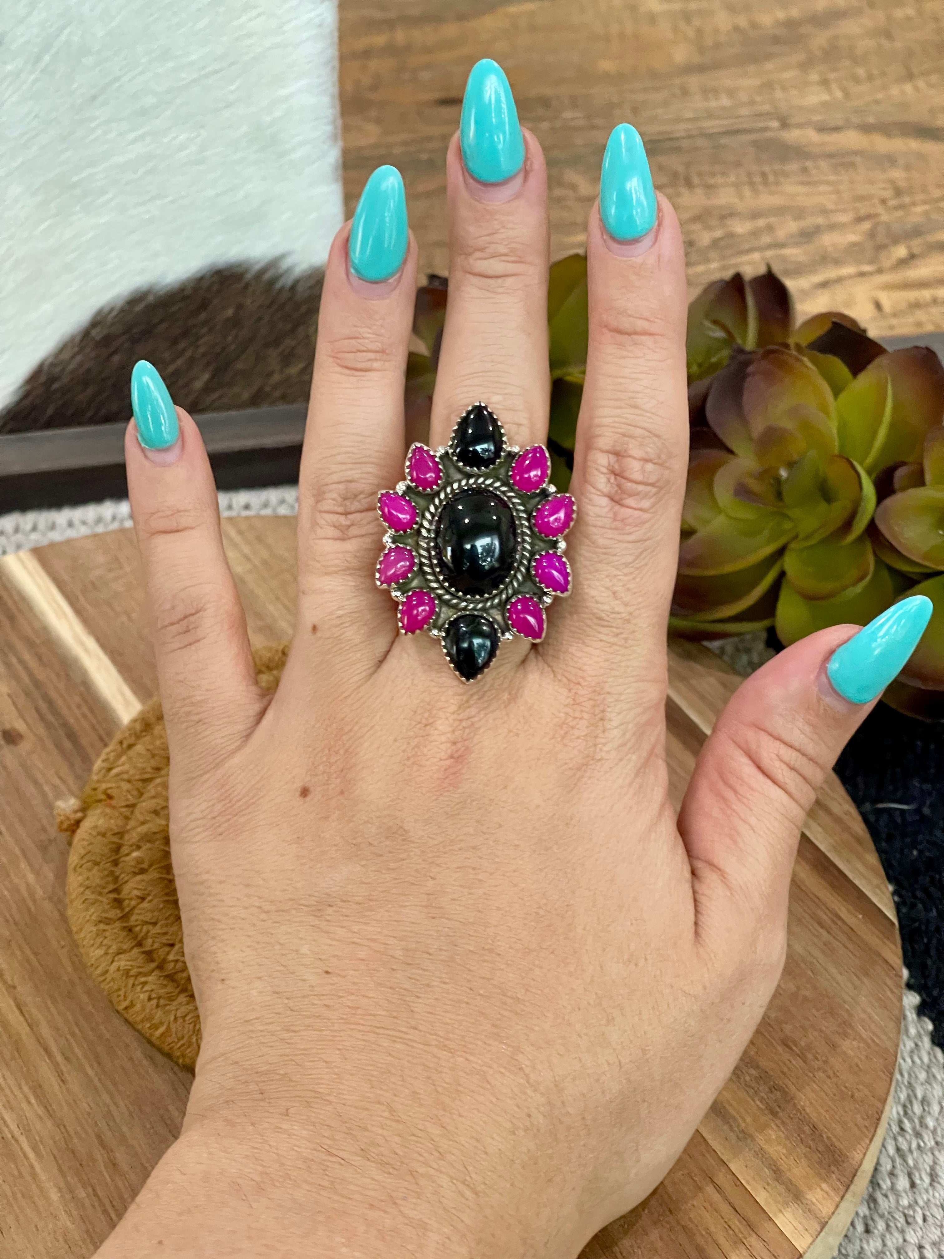 Handmade Sterling Silver, Onyx & Pink Onyx Cluster Adjustable Ring