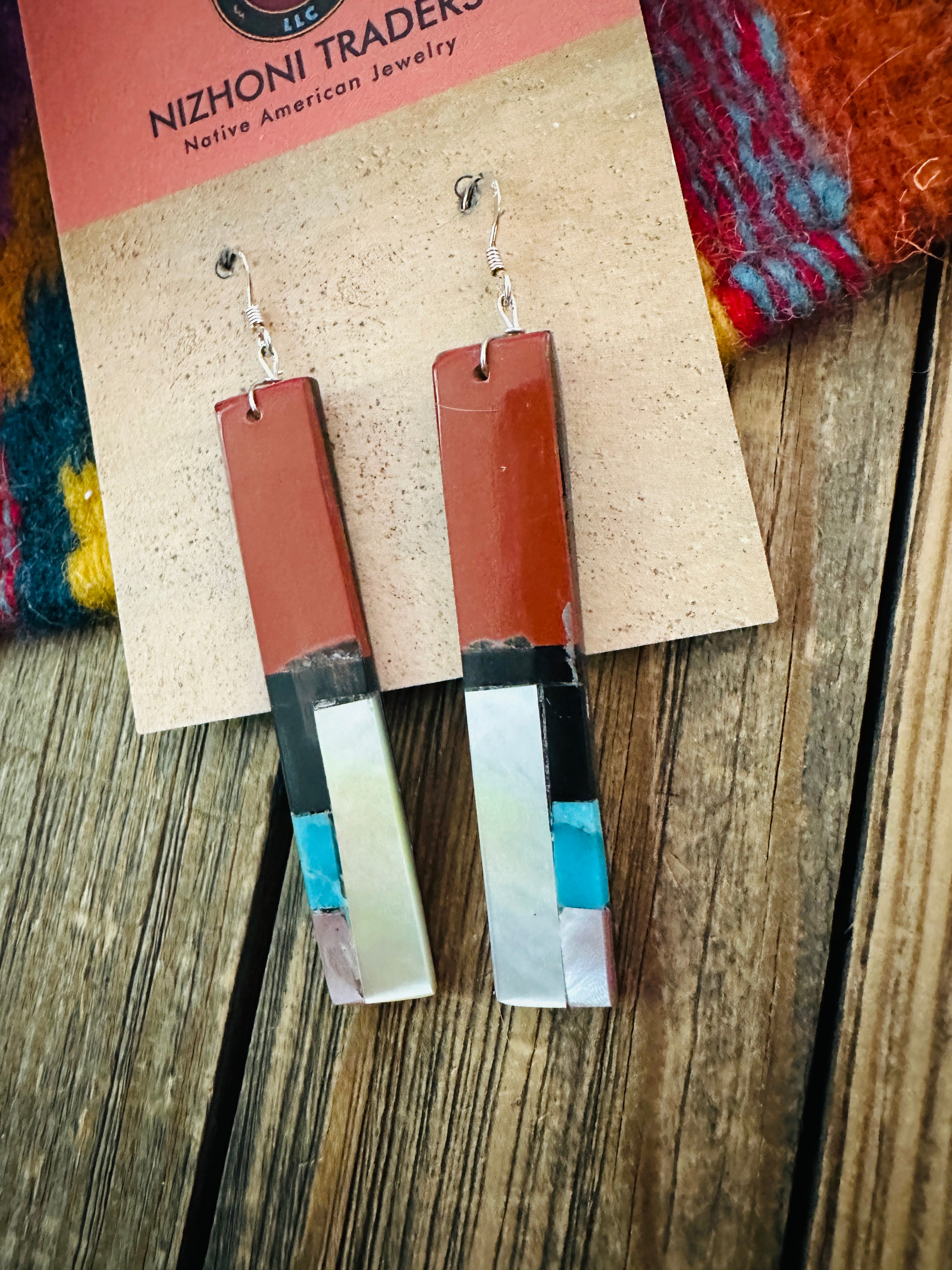 Handcrafted Multi Stone Inlay Slab Dangle Earrings