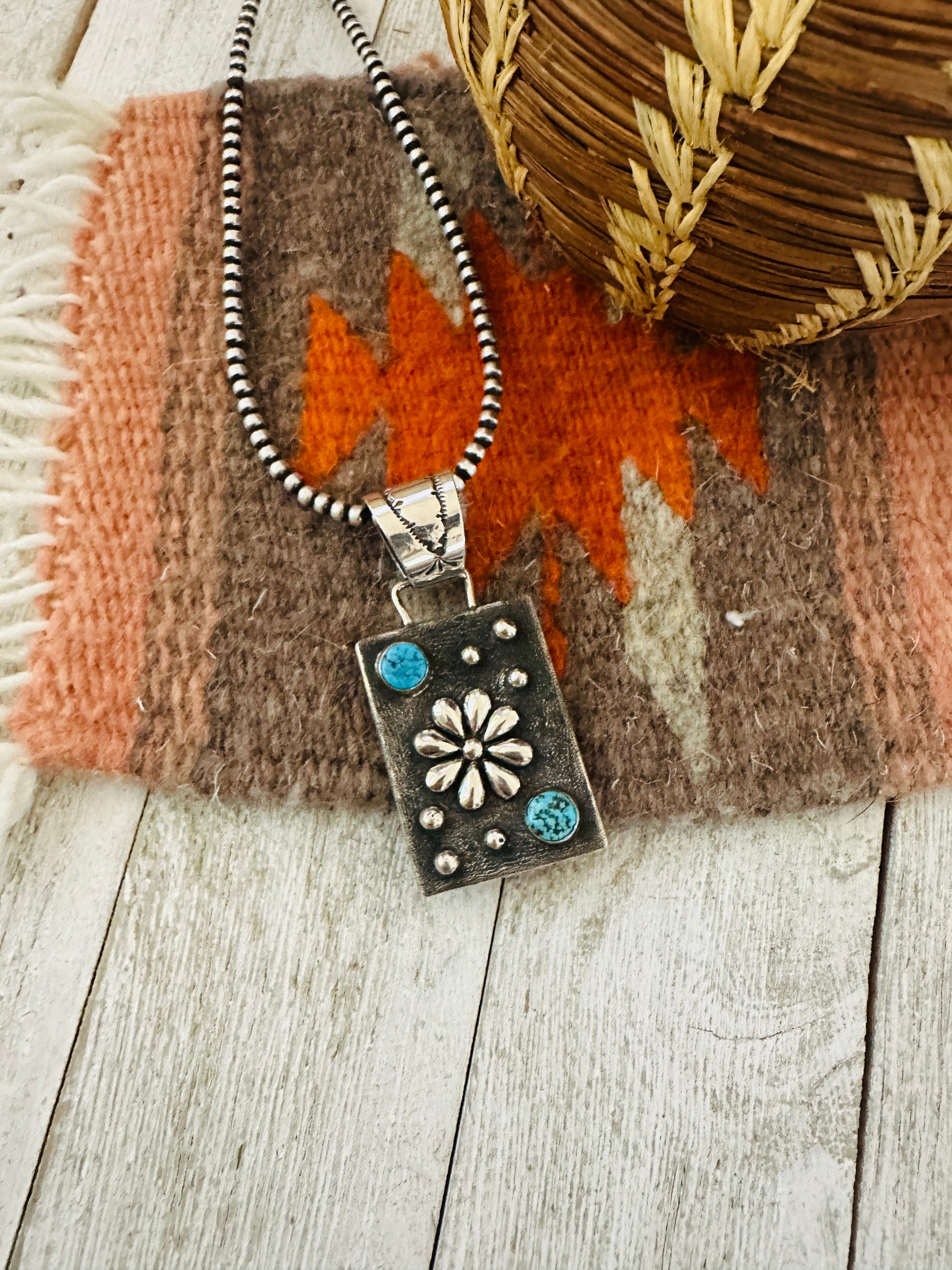 Handcrafted Studded Flower Turquoise & Sterling Silver Pendant
