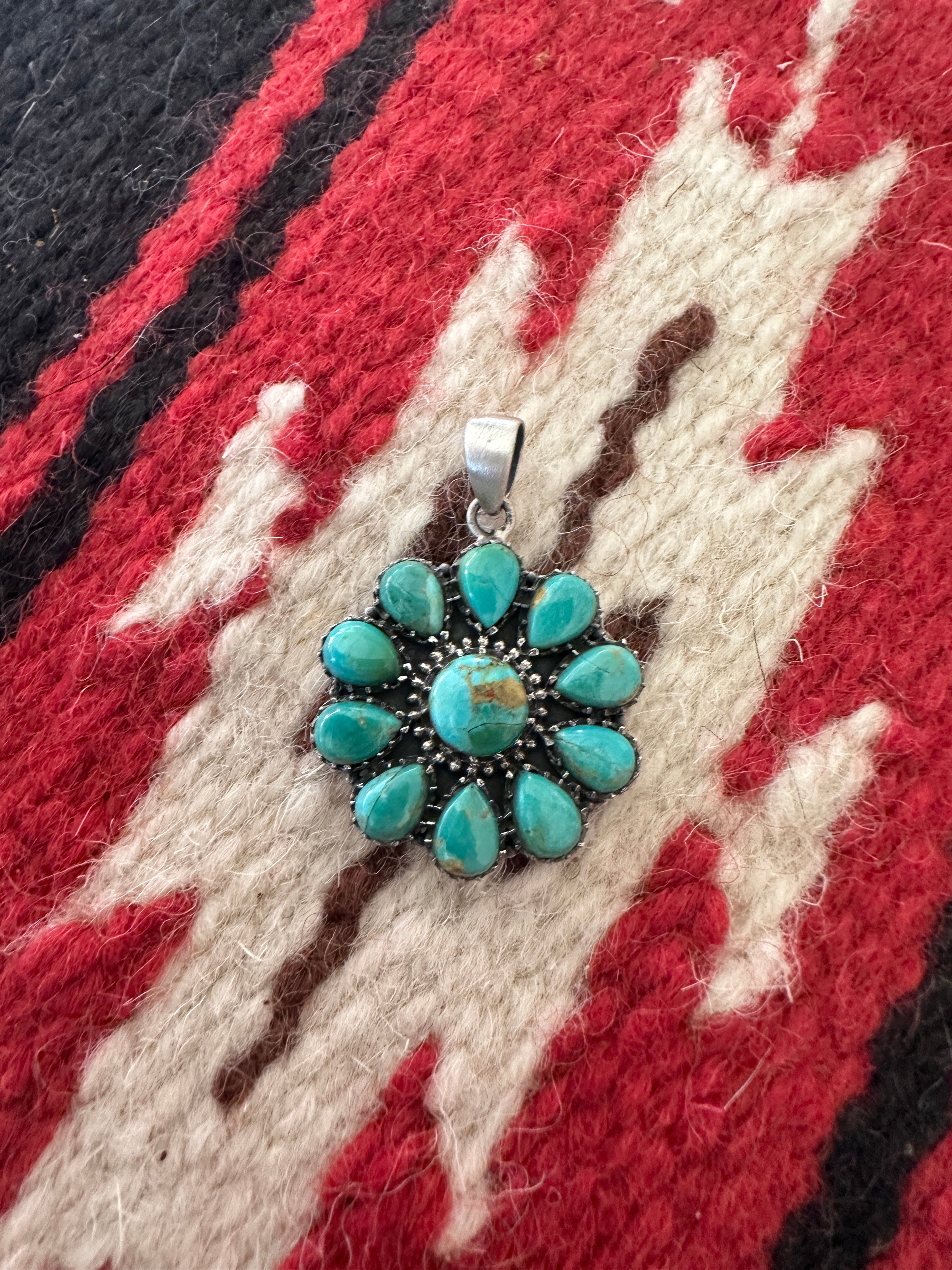 Beautiful Handmade Sterling Silver & Turquoise Flower Pendant