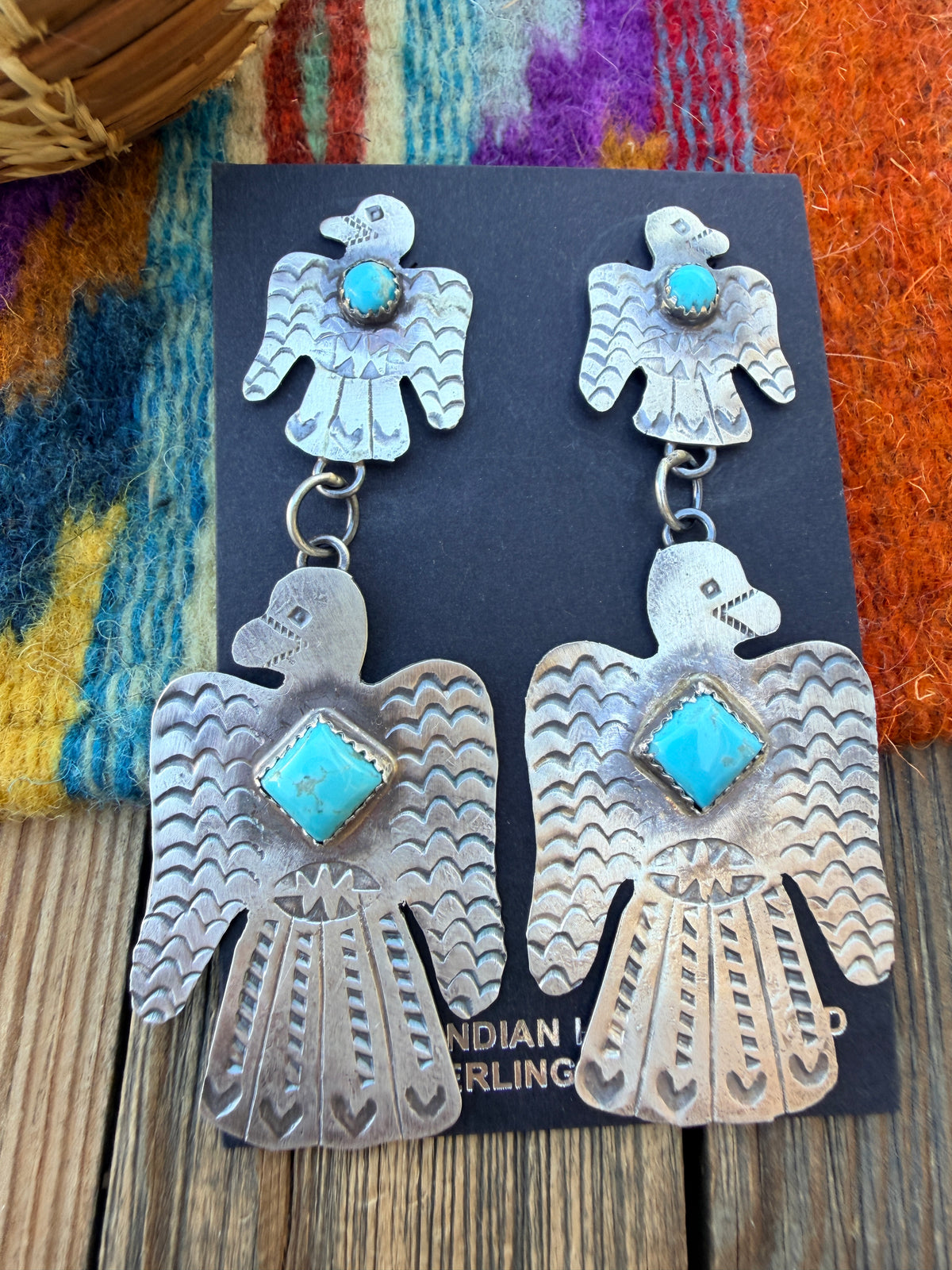 Handcrafted Sterling Silver & Turquoise Thunderbird Dangle Earrings by Gabrielle Yazzie