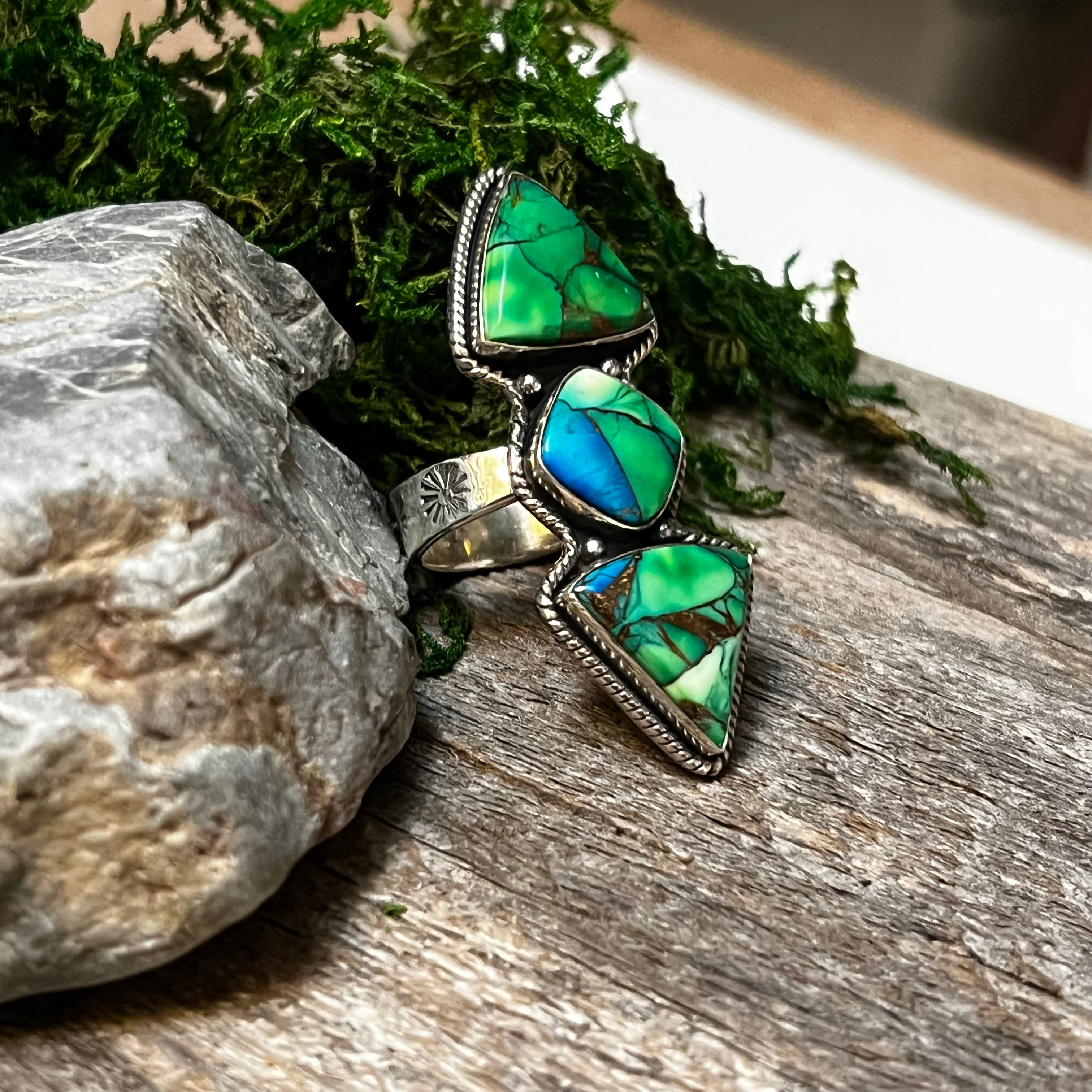 Handmade Sterling Silver Peacock Dahlia 3 Stone Ring