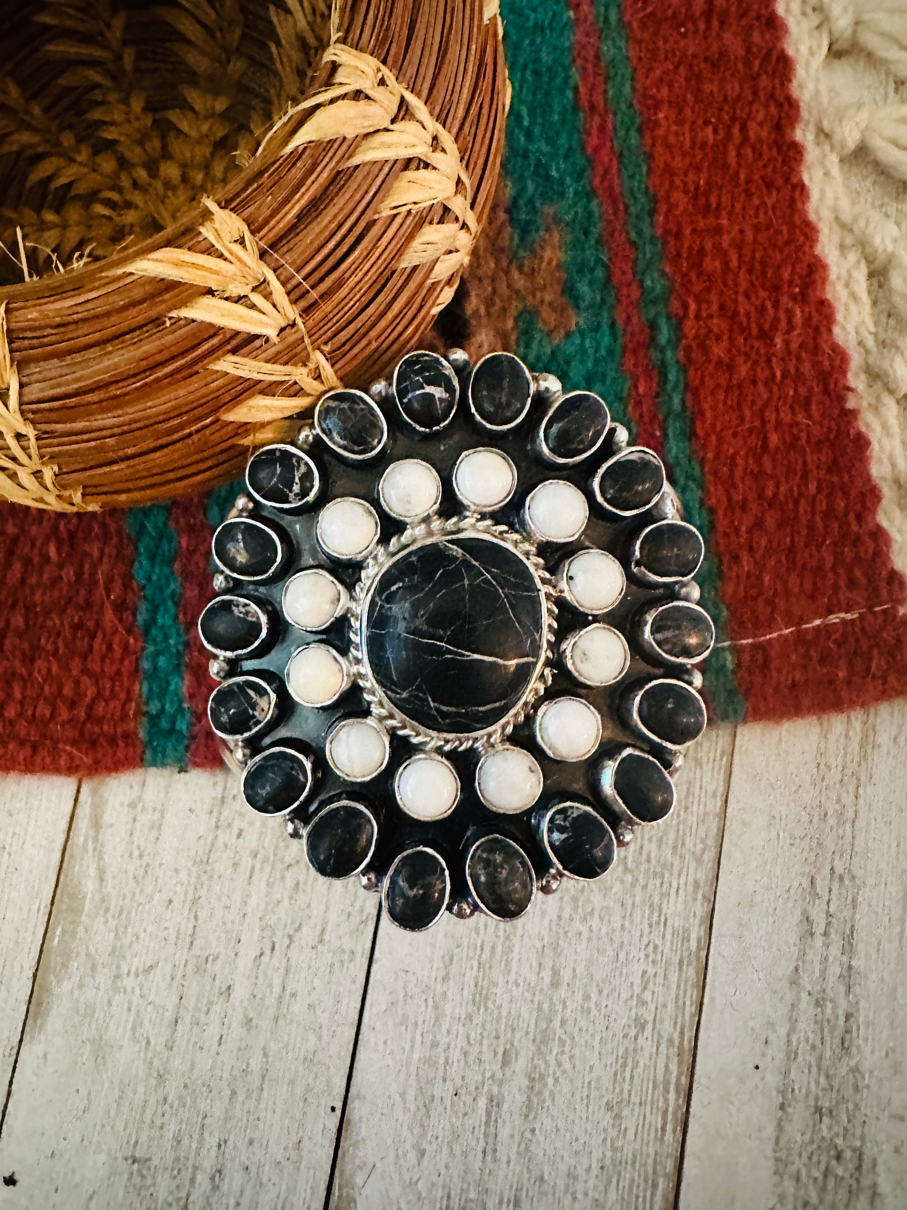 Navajo White Buffalo & Sterling Silver Cluster Cuff Bracelet