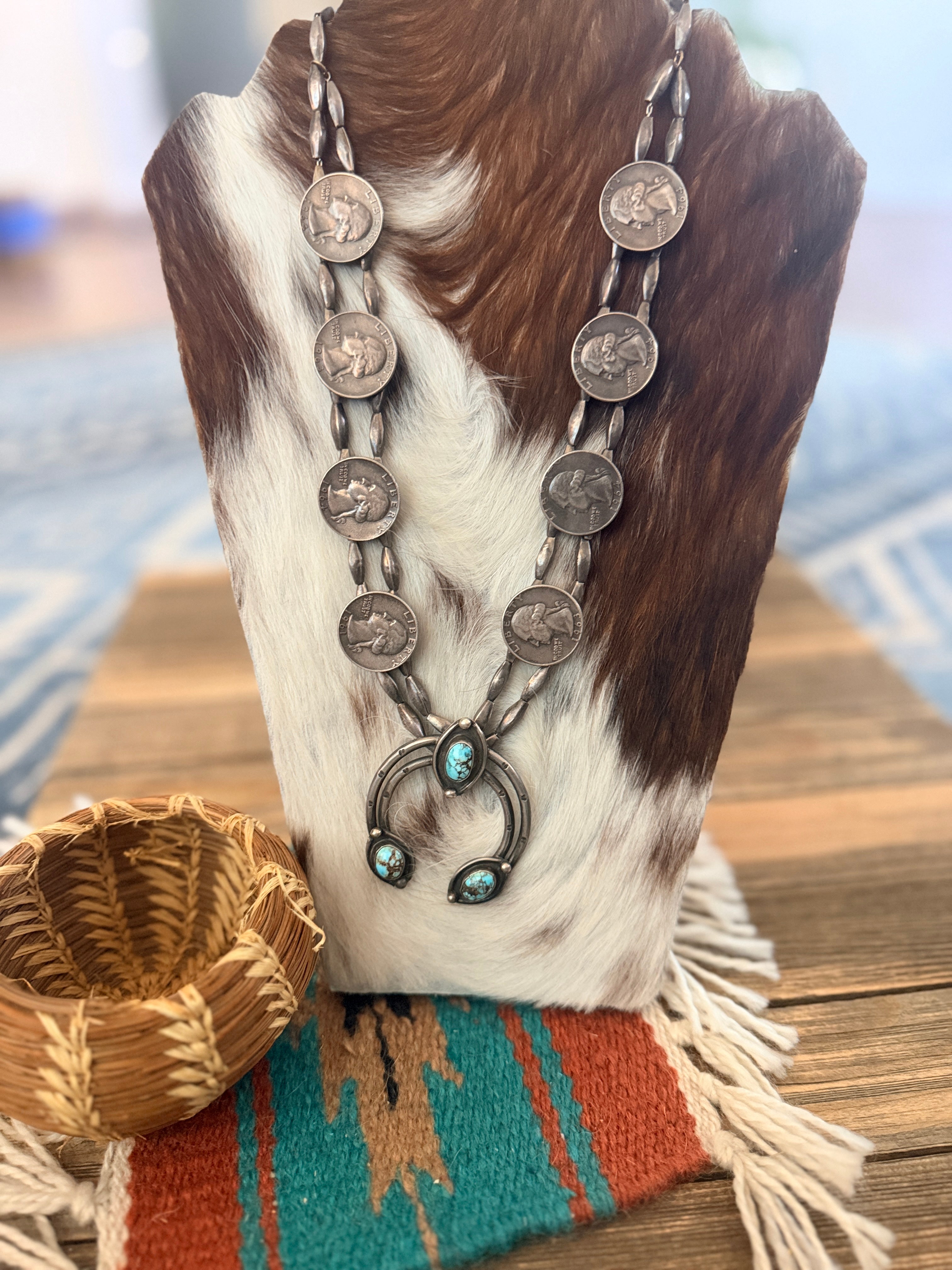 Old Pawn Handcrafted Turquoise & Sterling Silver Liberty Coin Squash Blossom Necklace