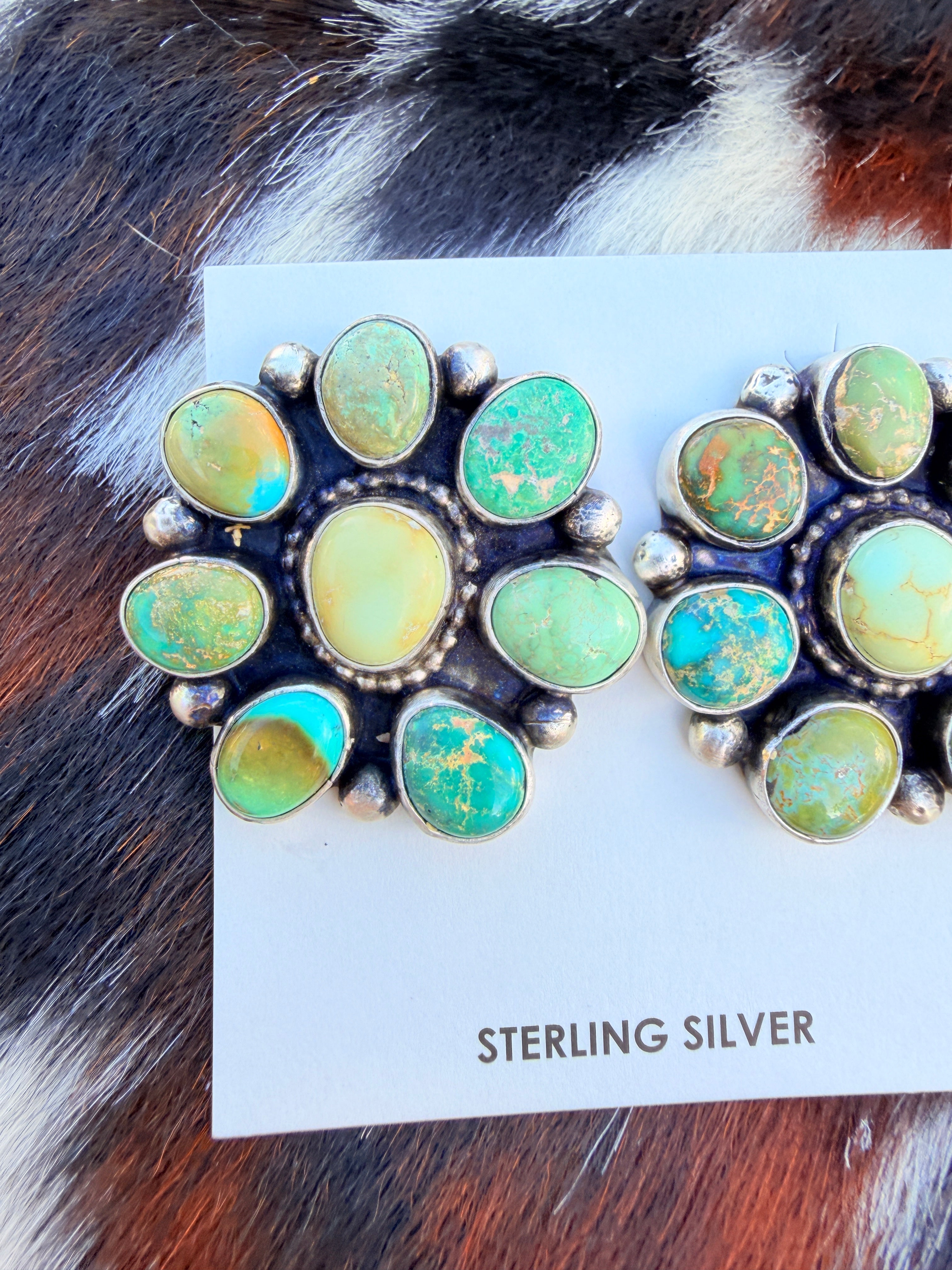 Handcrafted Royston Turquoise & Sterling Silver Cluster Post Earrings by Travis Jim