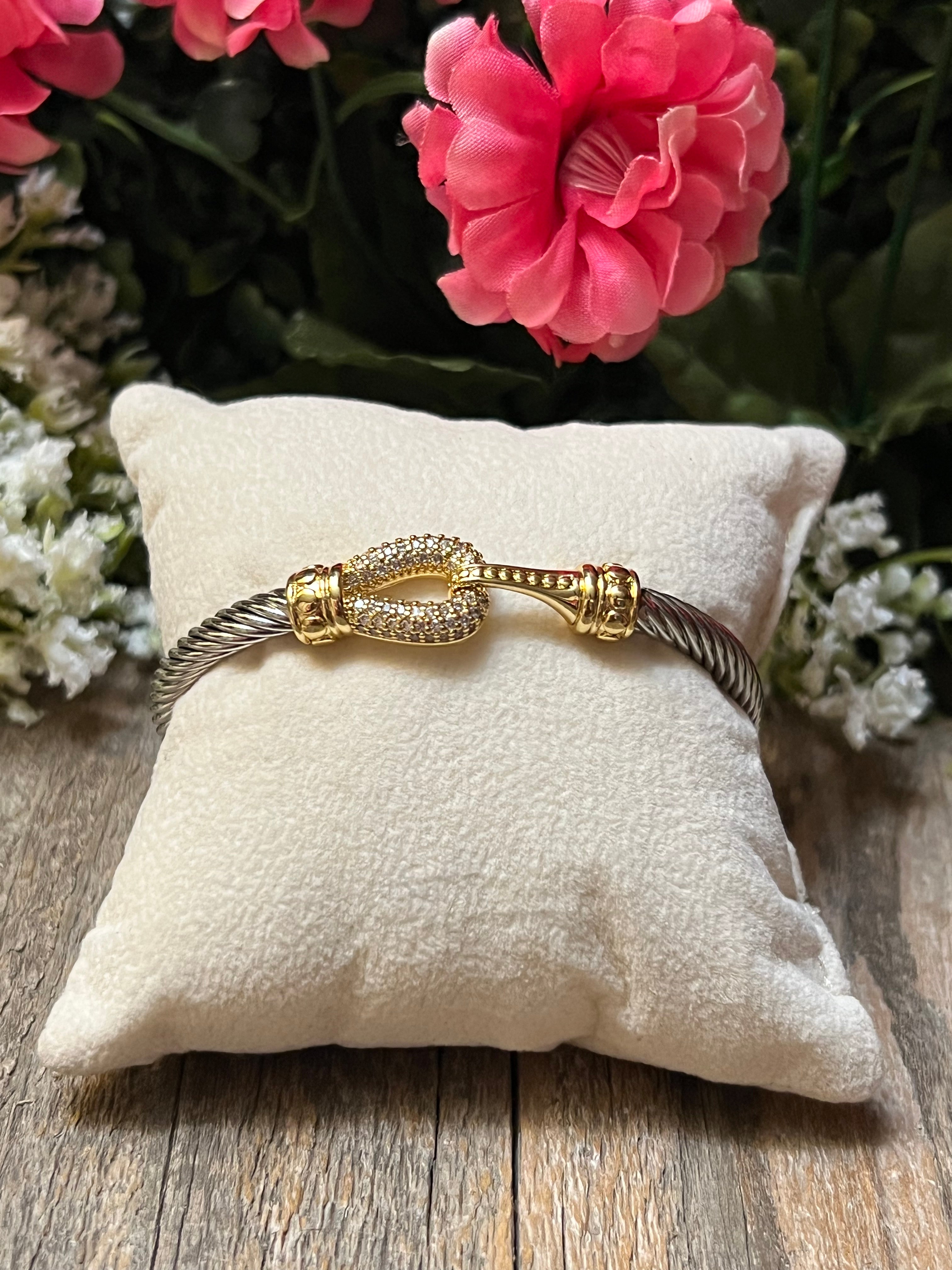 Silver & 14k Gold Plated Two Tone Cable Hook CZ Bangle Bracelet