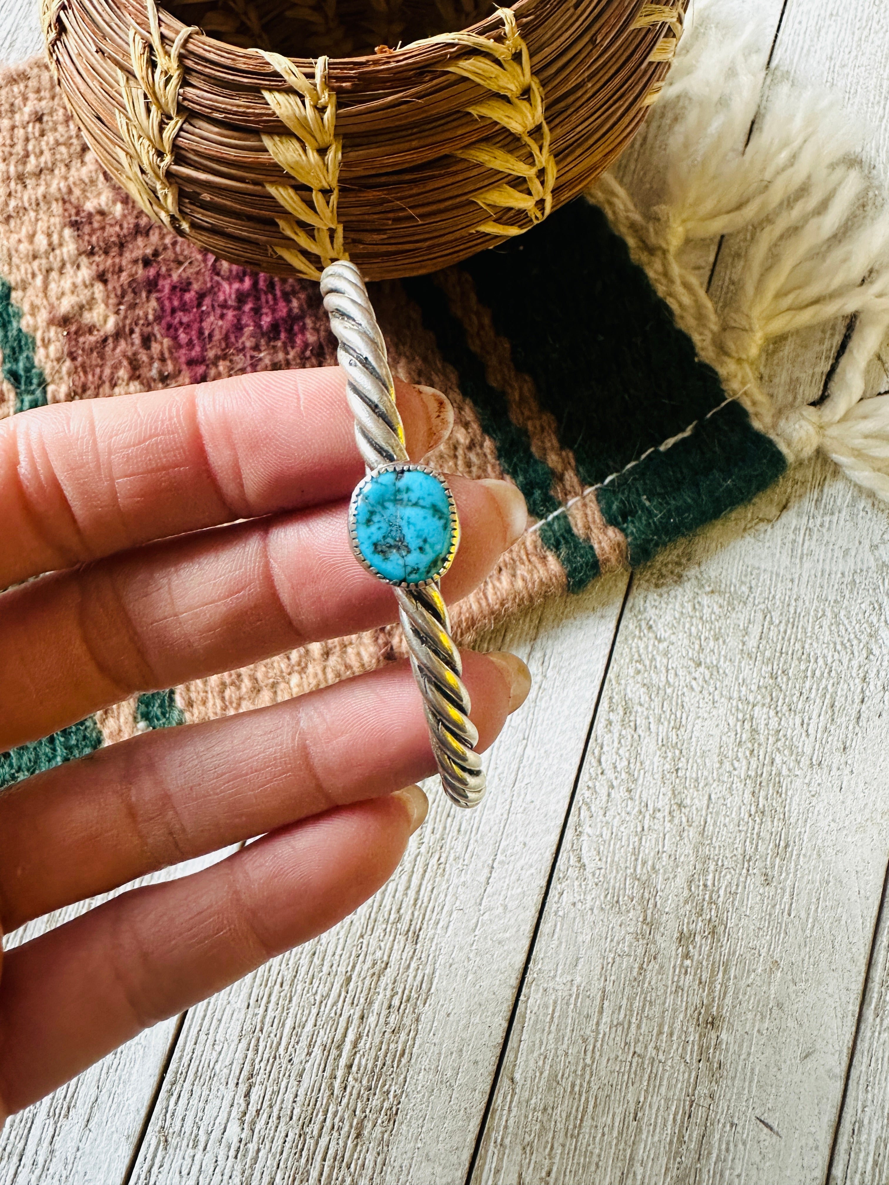 Navajo Twisted Sterling Silver & Kingman Turquoise Cuff Bracelet