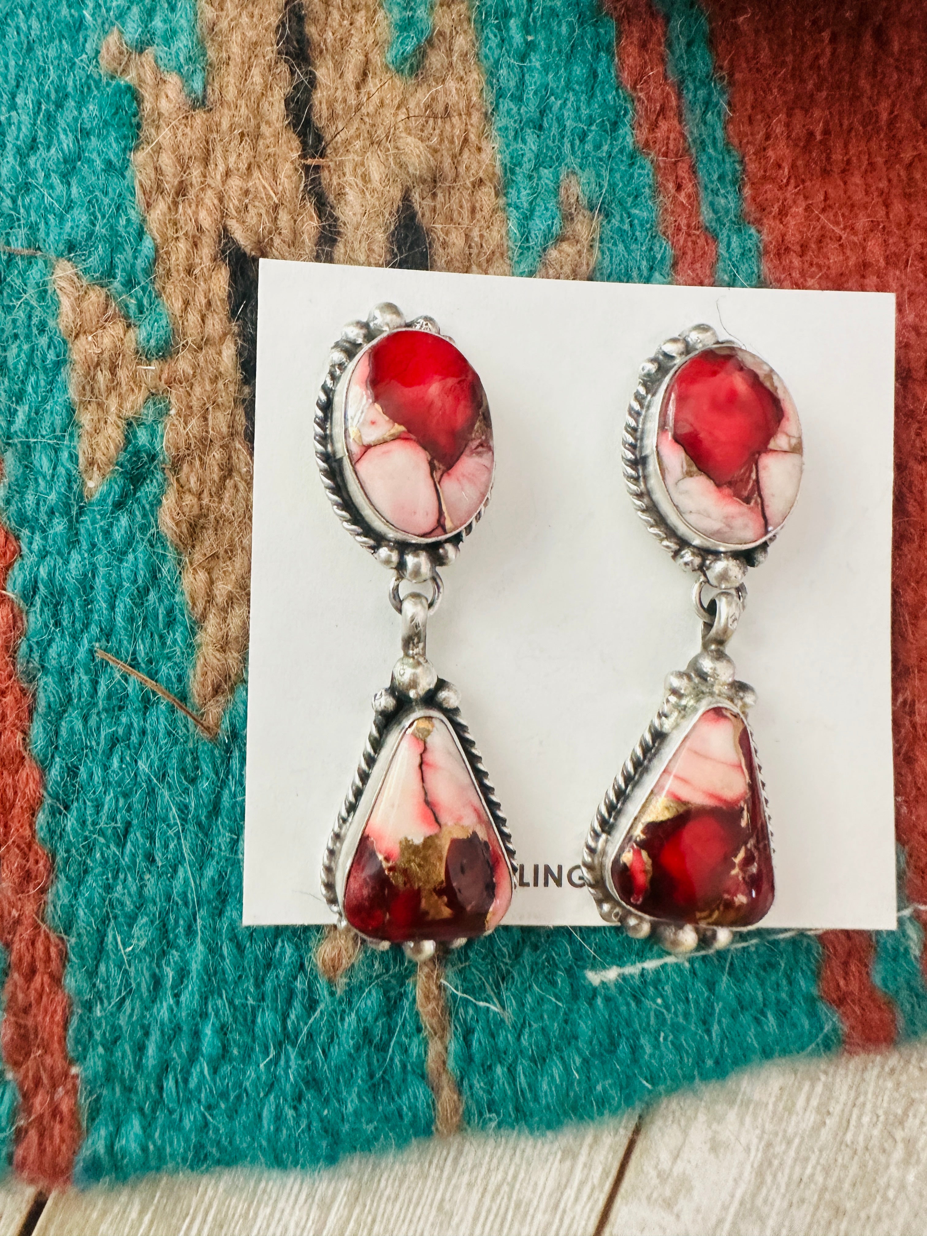 Navajo Rose Dahlia and Sterling Silver Dangle Earrings
