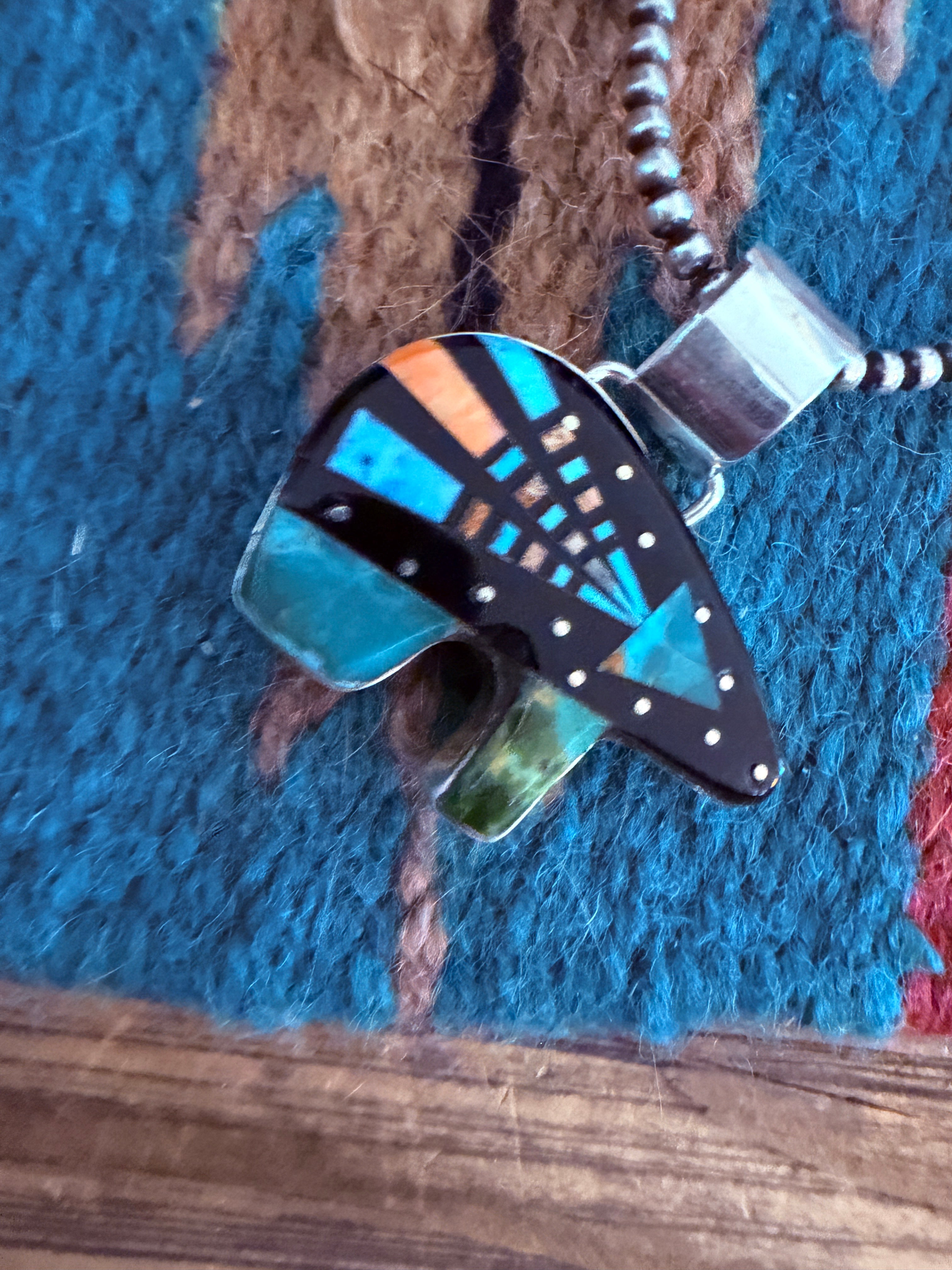Handcrafted Sterling Silver and Multi Stone Inlay Bear Pendant by Ray Jack