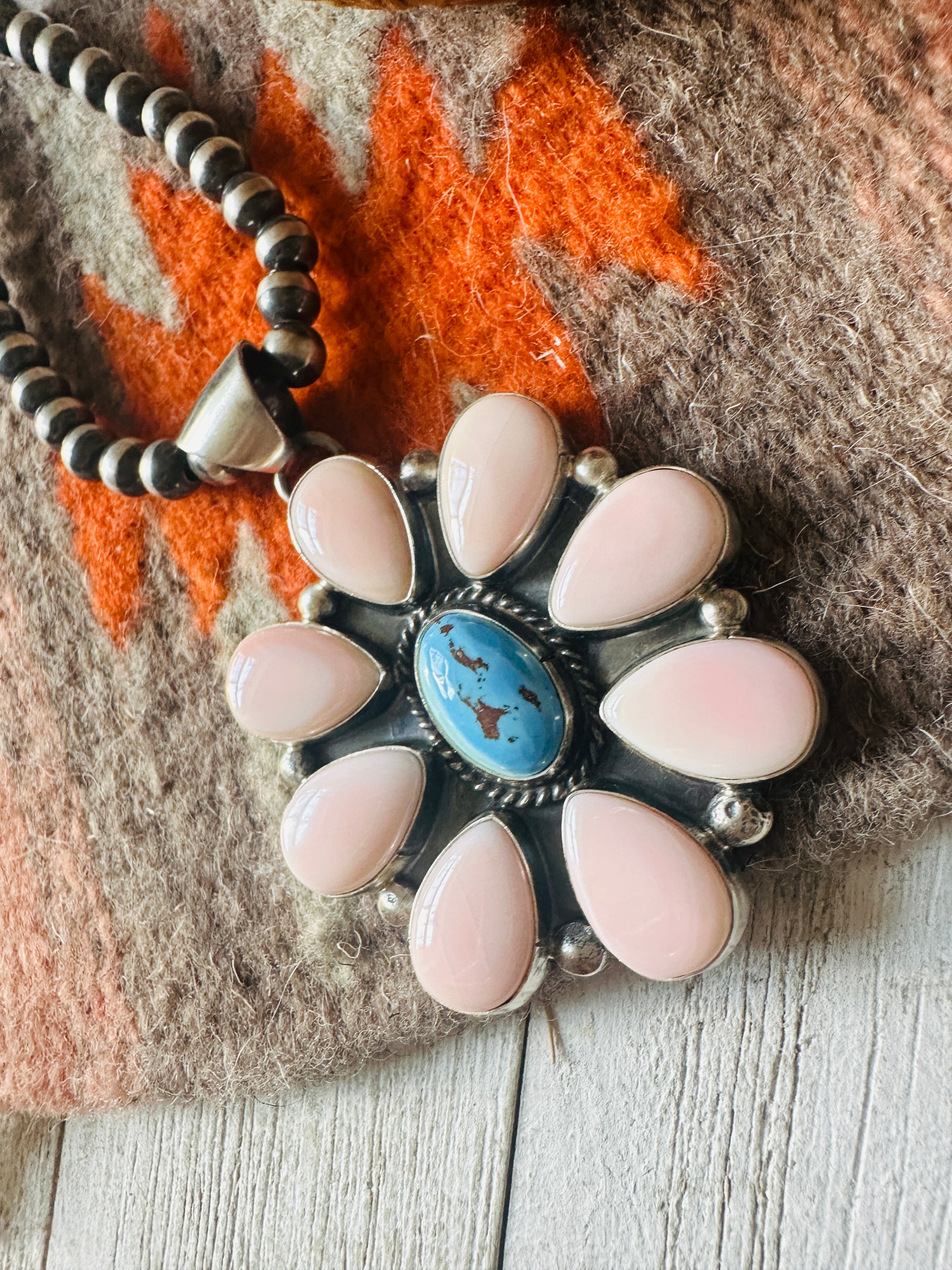 Navajo Queen Pink Conch, Turquoise & Sterling Silver Cluster Pendant