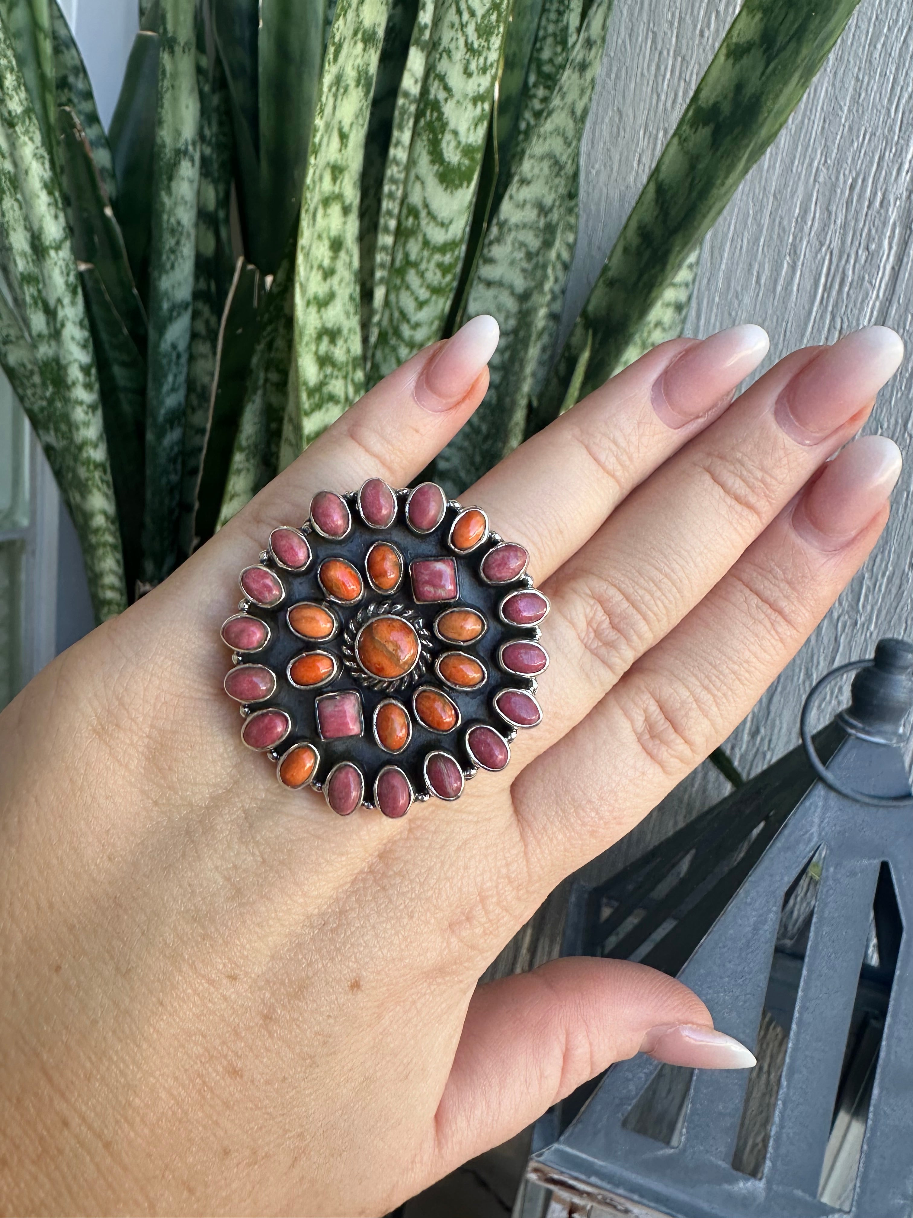 Beautiful Handmade Rhodonite, Orange Mojave And Sterling Silver Adjustable Ring