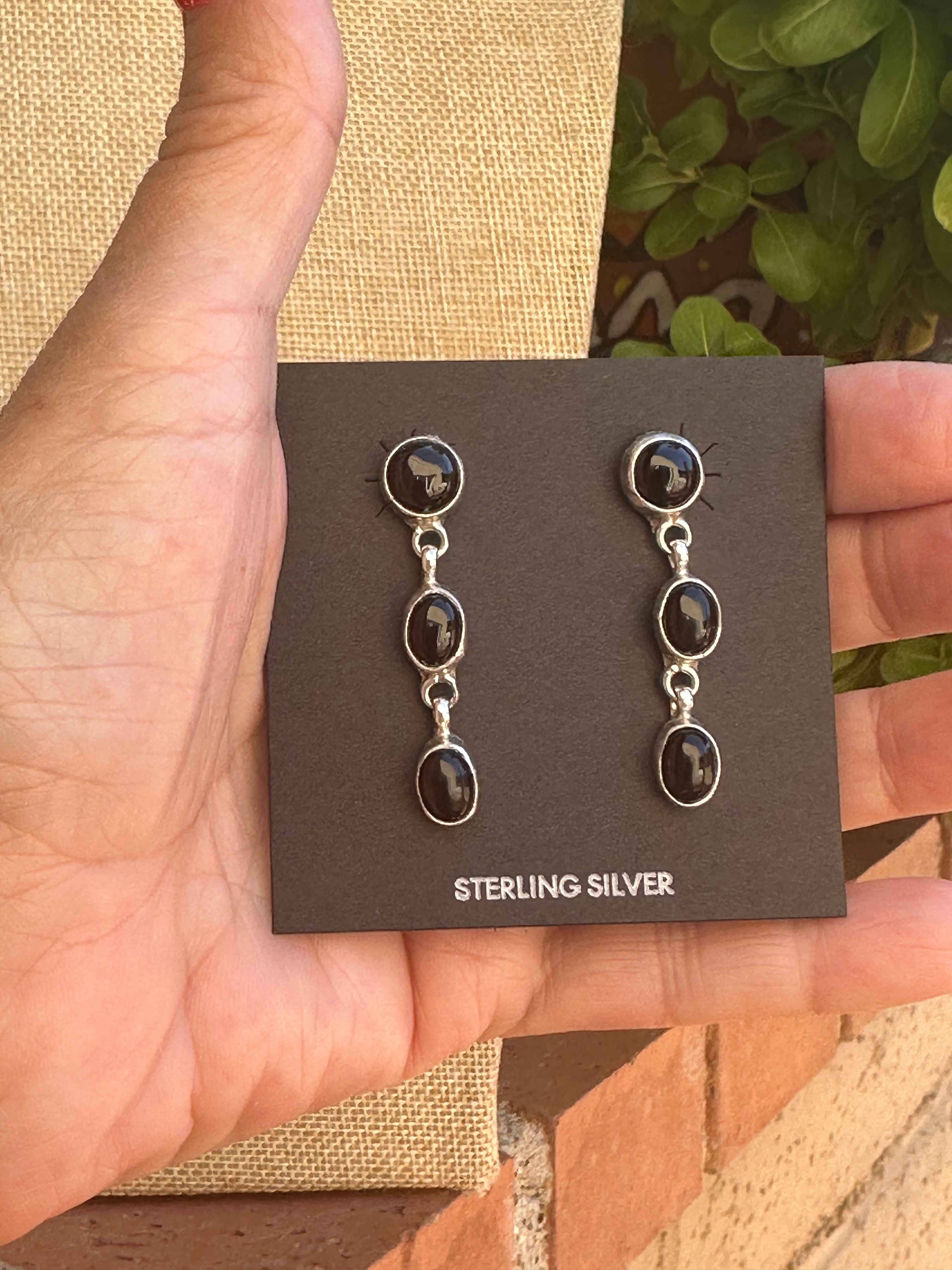 Navajo Made Black Onyx & Sterling Silver 3 Stone Dangle Earrings