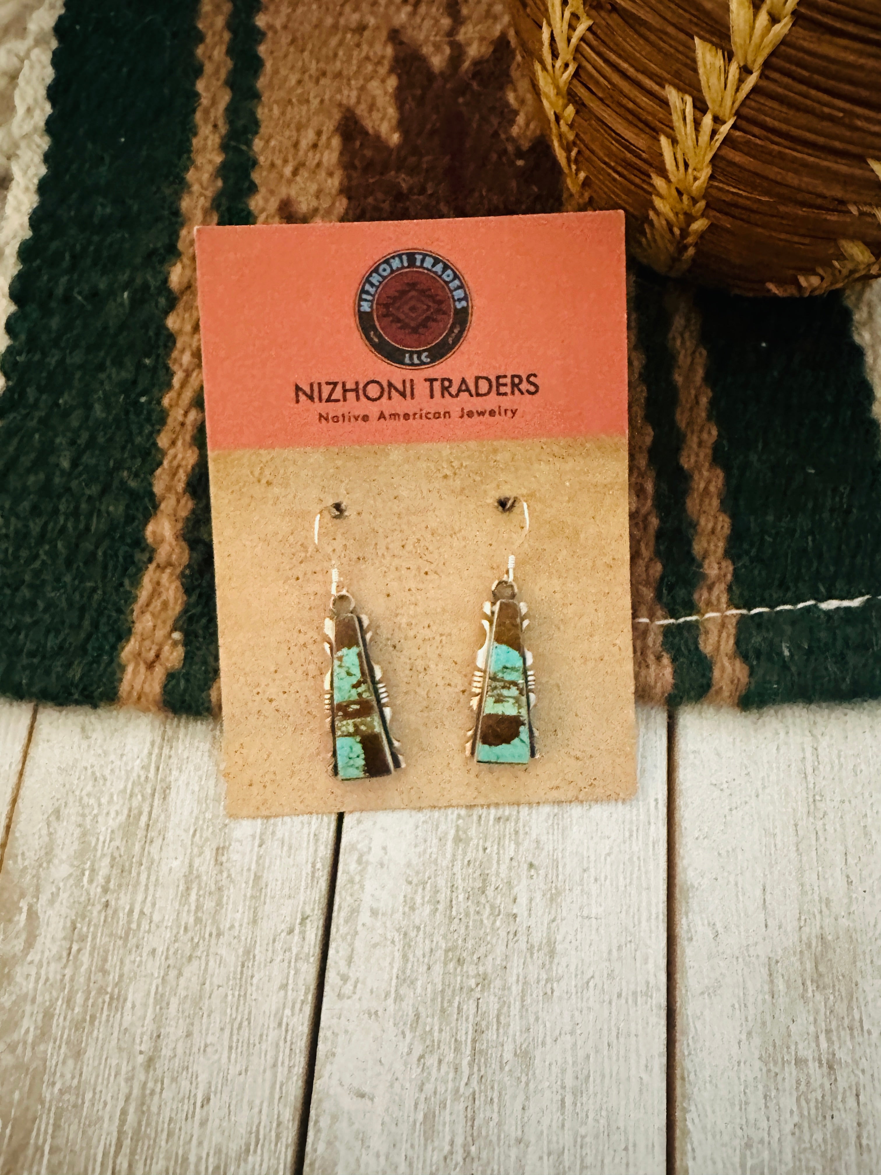 Navajo Number 8 Turquoise And Sterling Silver Inlay Dangle Earrings