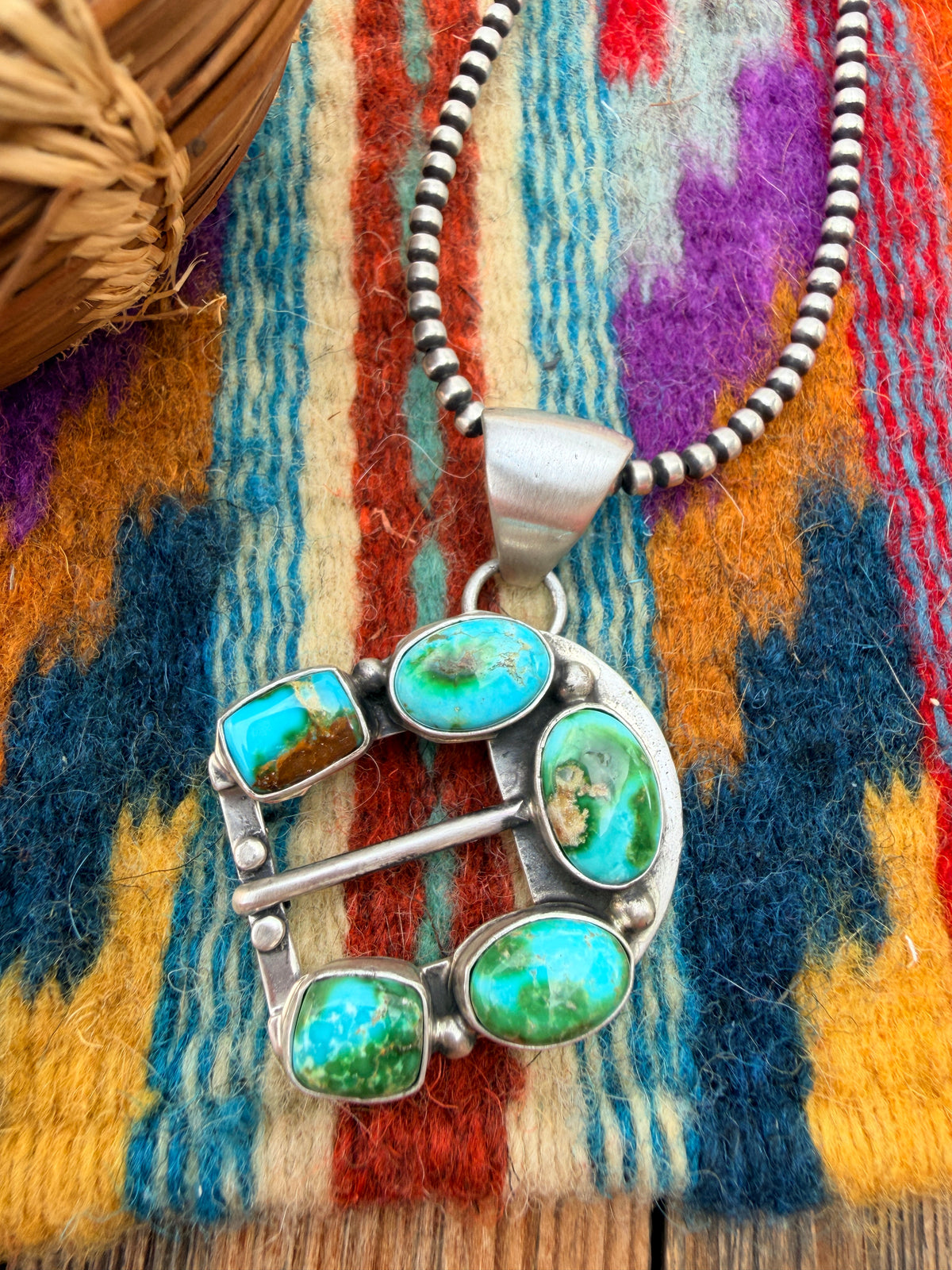 Handcrafted Sterling Silver & Turquoise Belt Buckle Pendant by Russell Sam