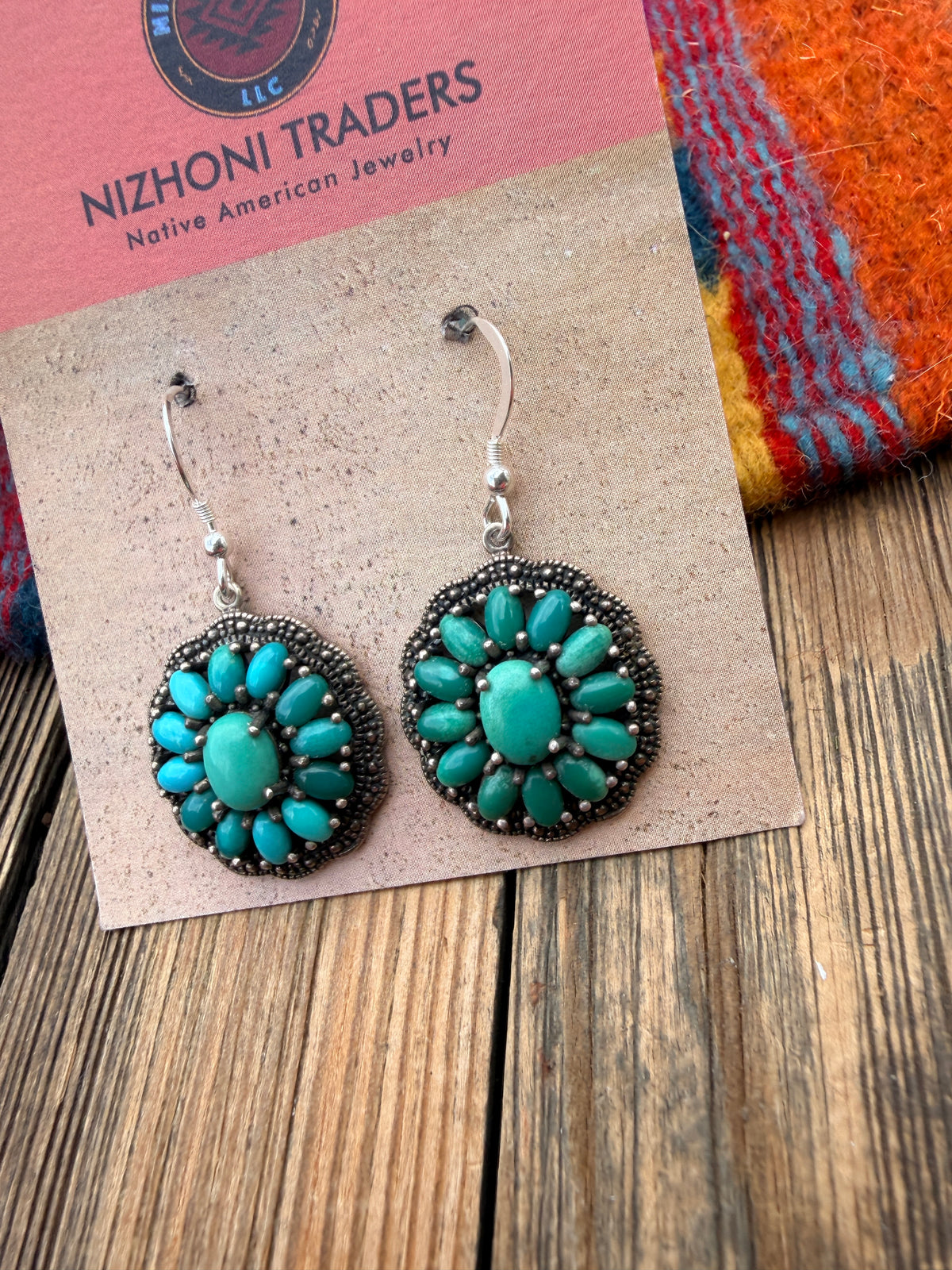 Old Pawn Handmade Sterling Silver & Turquoise Cluster Dangle Earrings