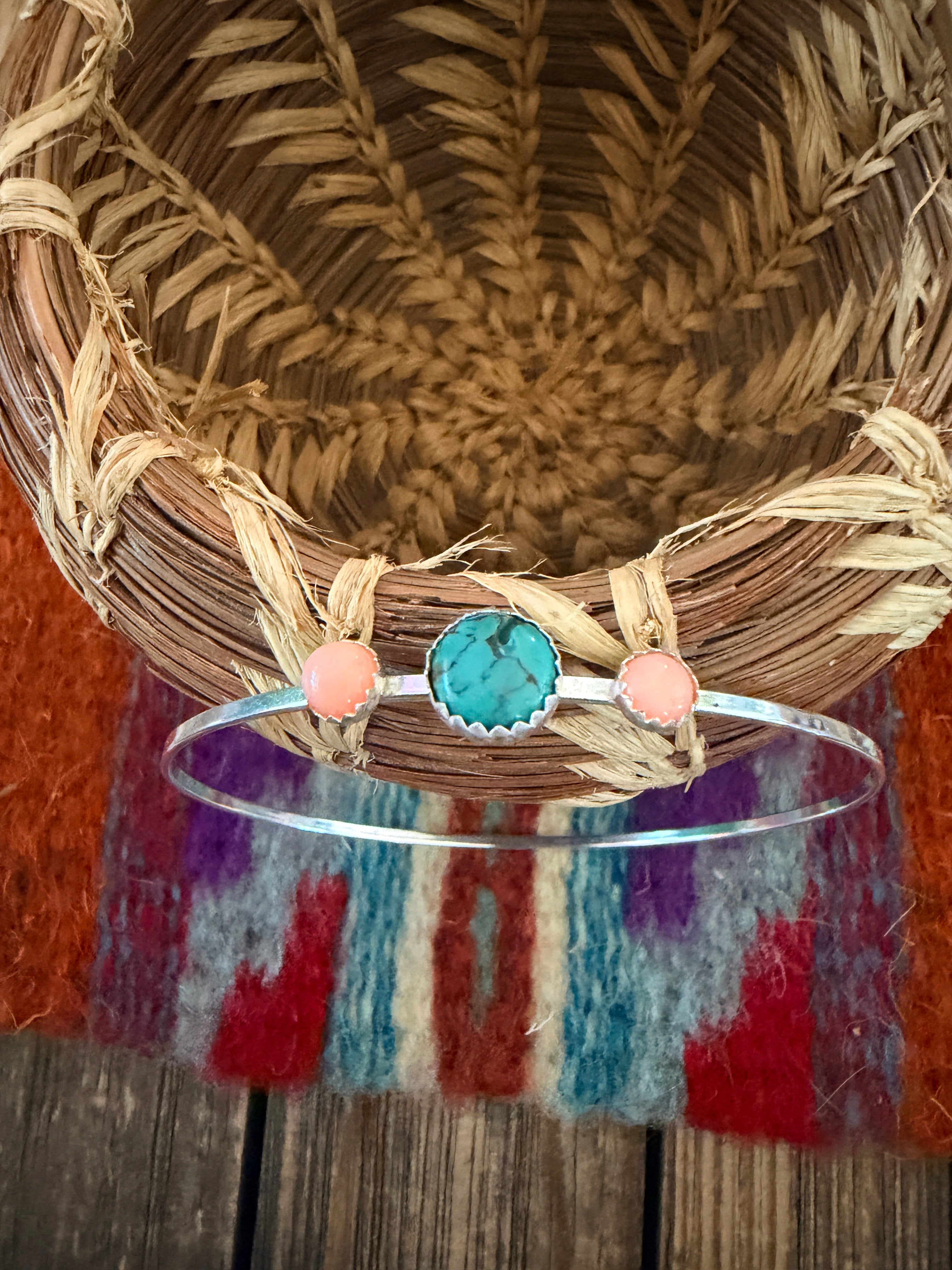 Handmade Queen Pink Conch, Turquoise & Sterling Silver Bangle Bracelet
