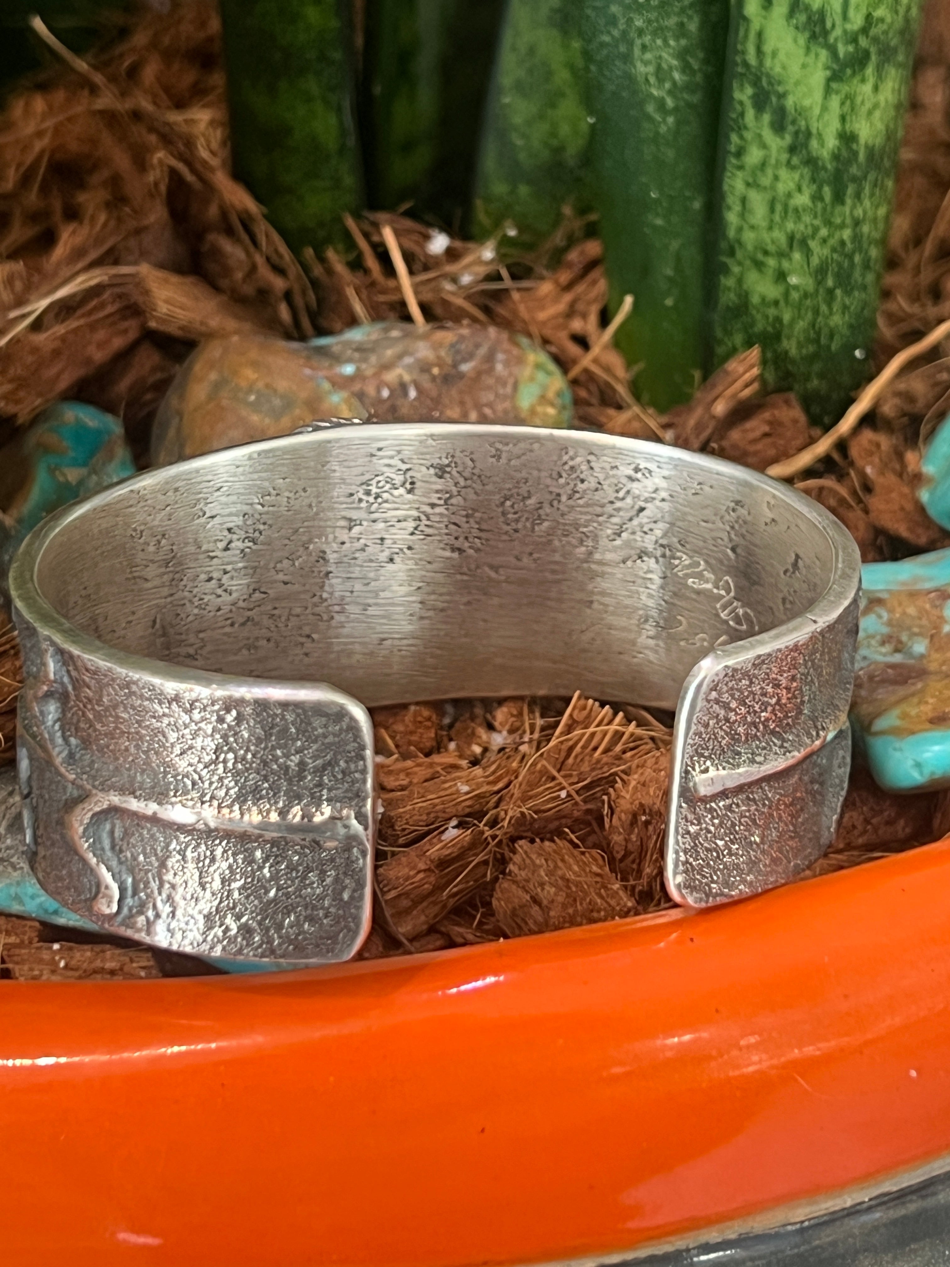 Handcrafted Sterling Silver Tufa Cast Corn Stalk Cuff with Sonoran Gold Turquoise by Gary Custer