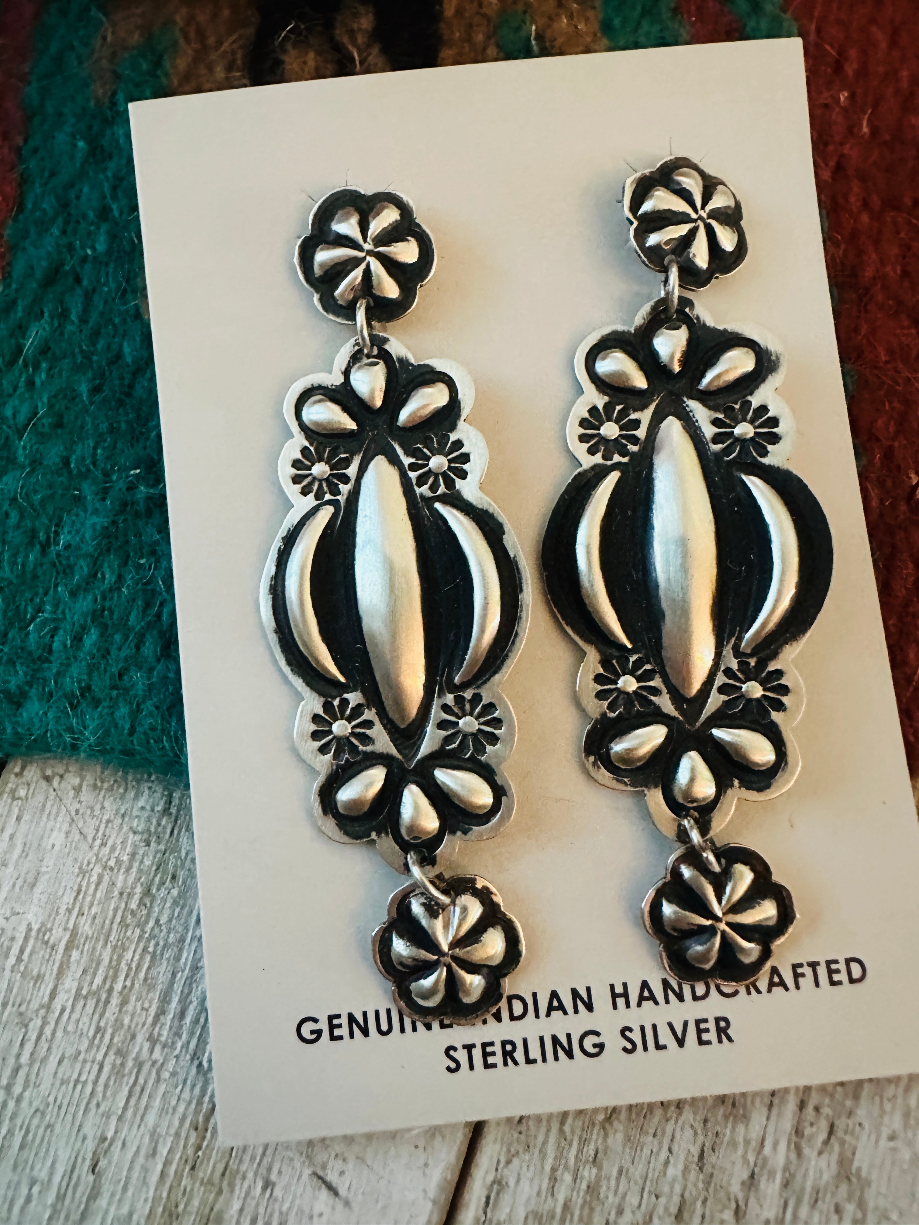 Navajo Hand Stamped Sterling Silver Concho Dangle Earrings by Leander Tahe