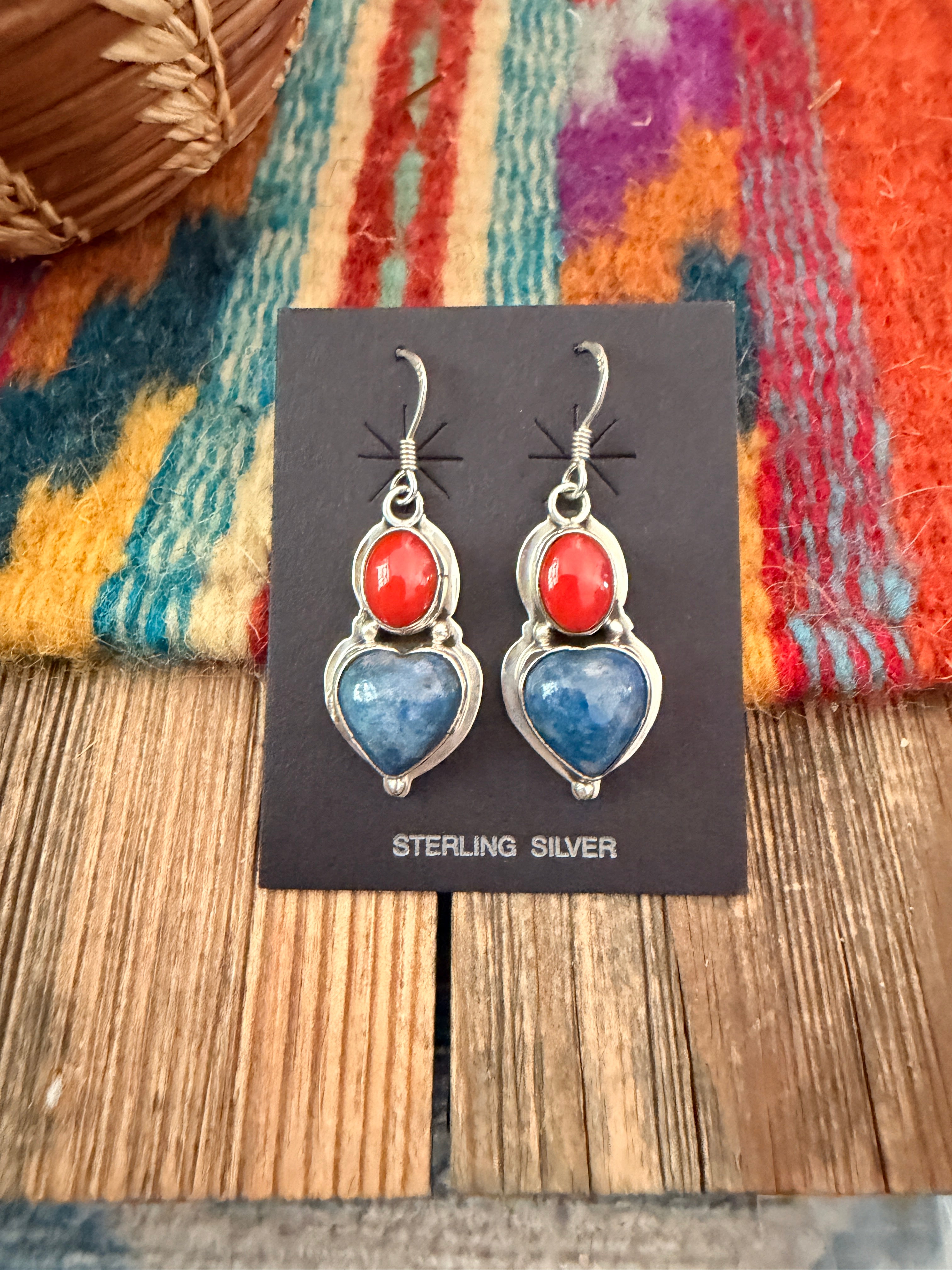 Handcrafted Lapis, Coral & Sterling Silver Heart Dangle Earrings