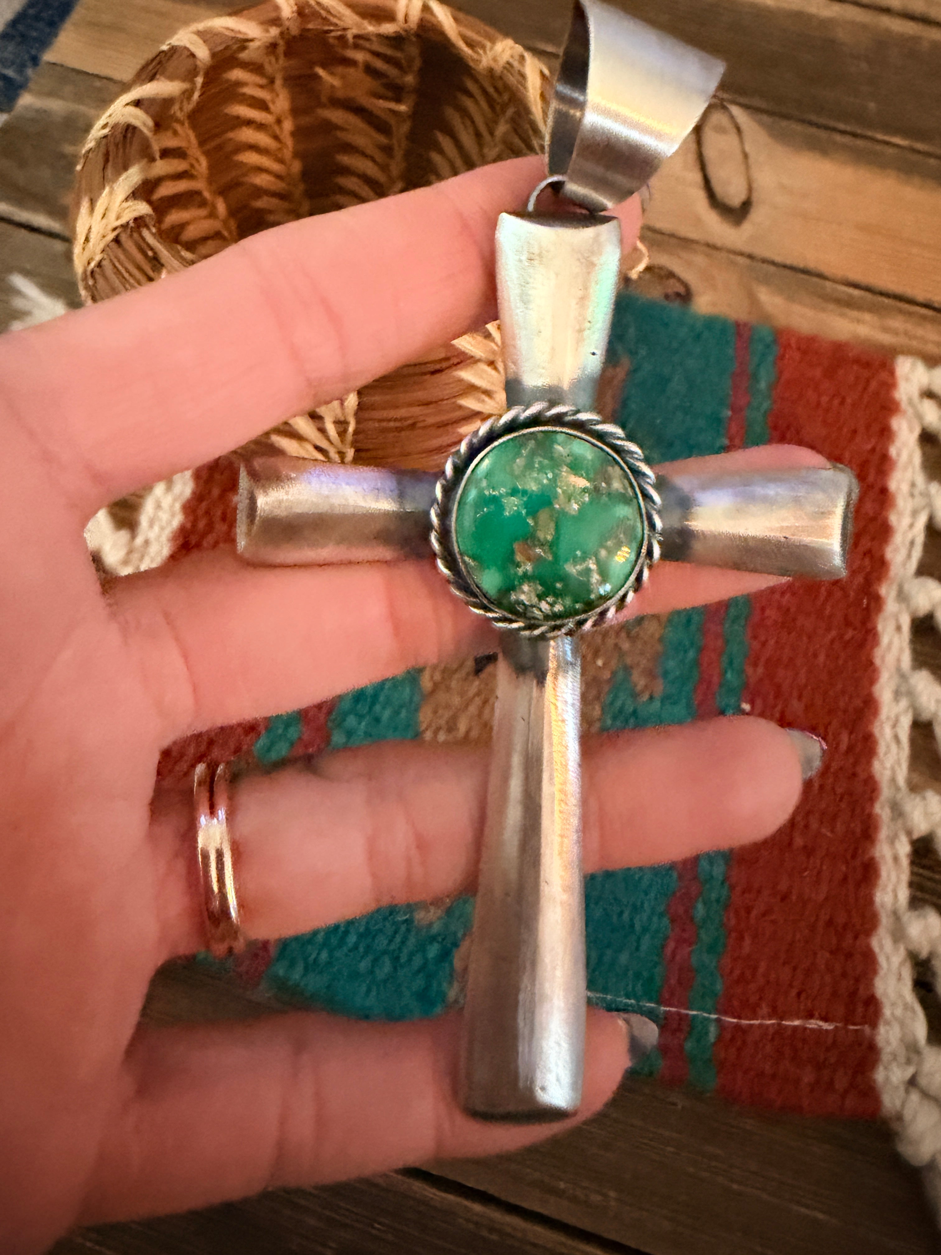 Handcrafted Sonoran Mountain Turquoise & Sterling Silver Cross Pendant by Chimney Butte
