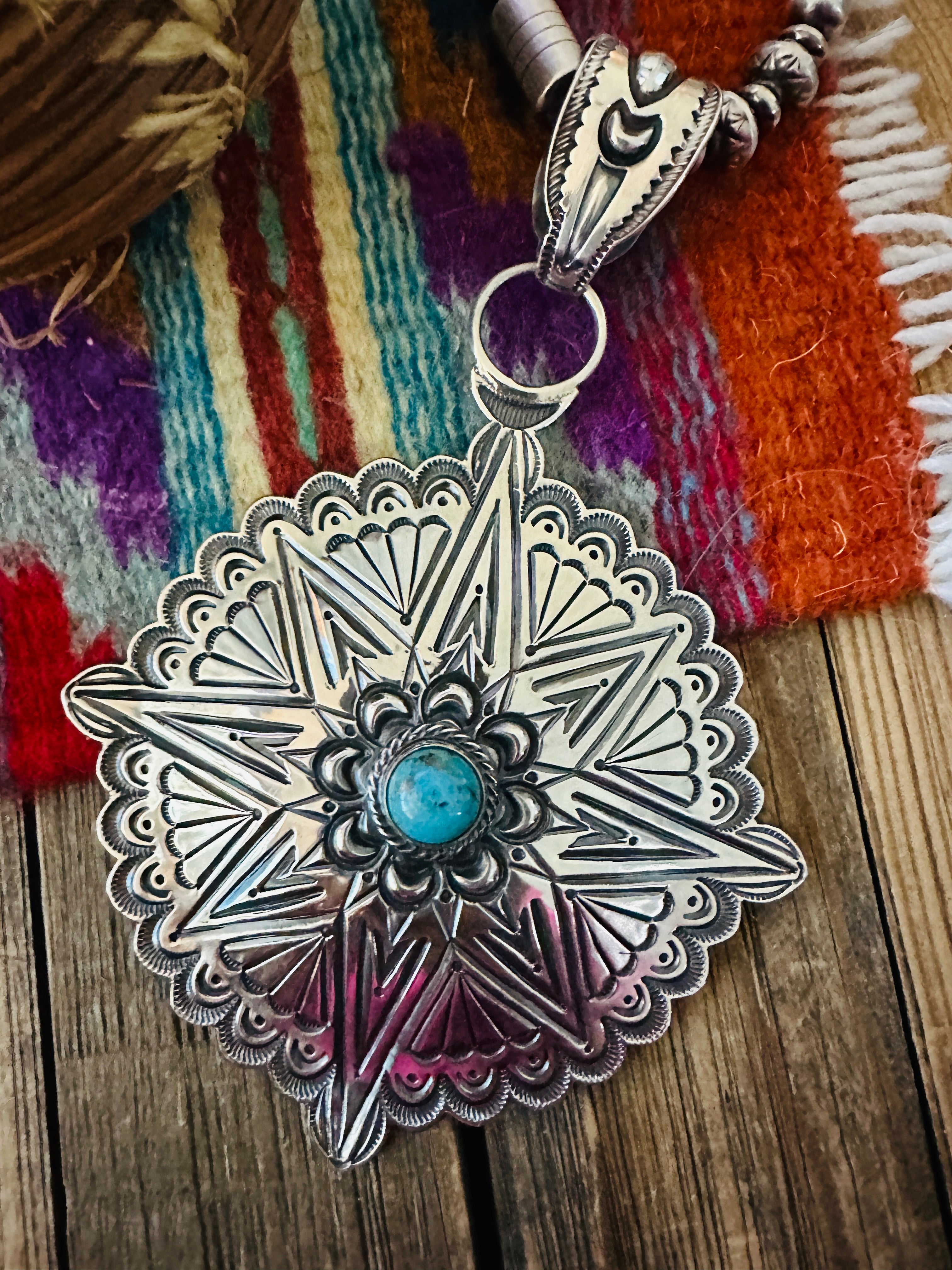 Handcrafted Turquoise & Sterling Silver Concho Pendant by Roland Dixson