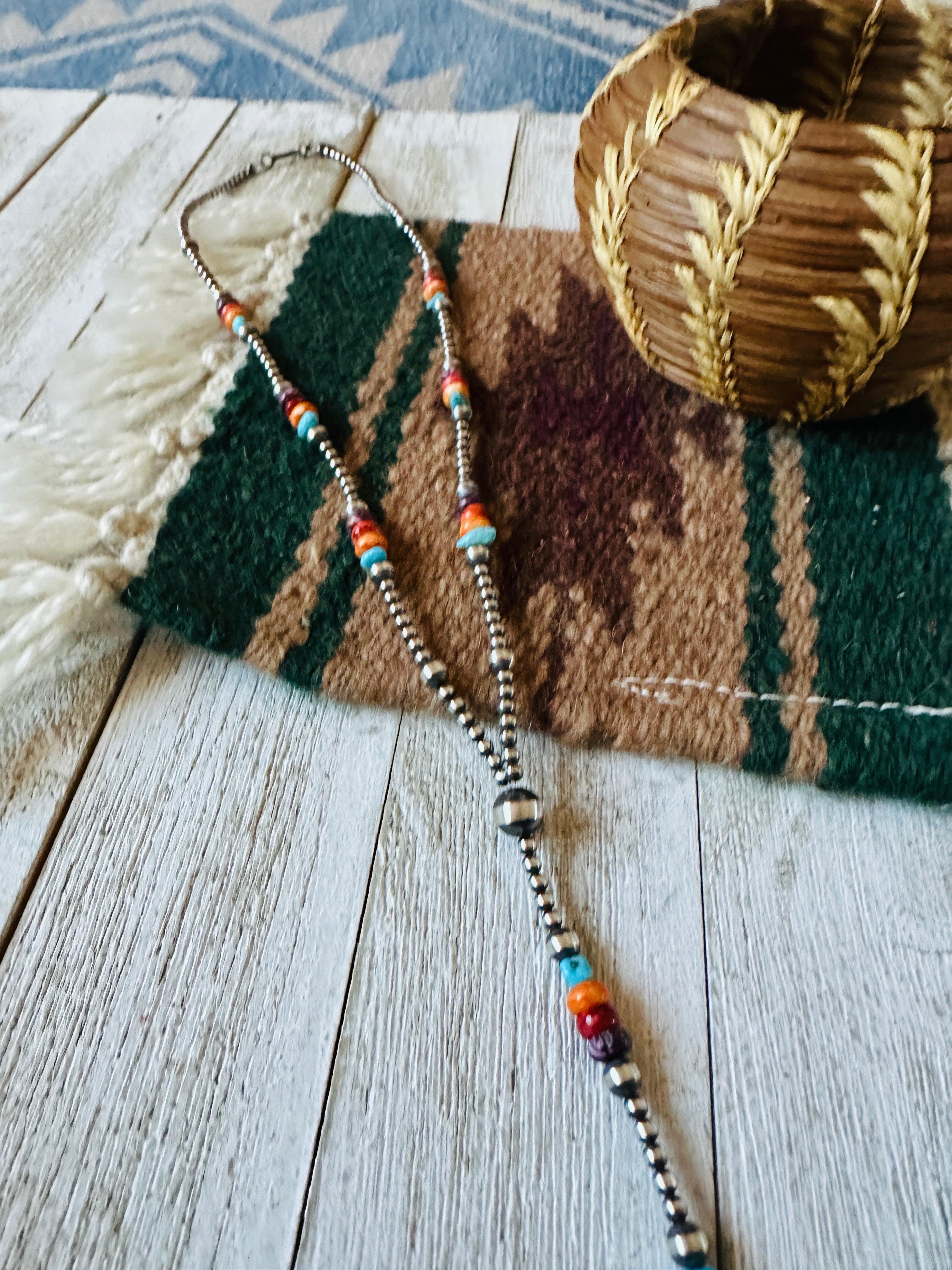 Navajo Sterling Silver, Spiny & Turquoise Beaded Lariat Necklace