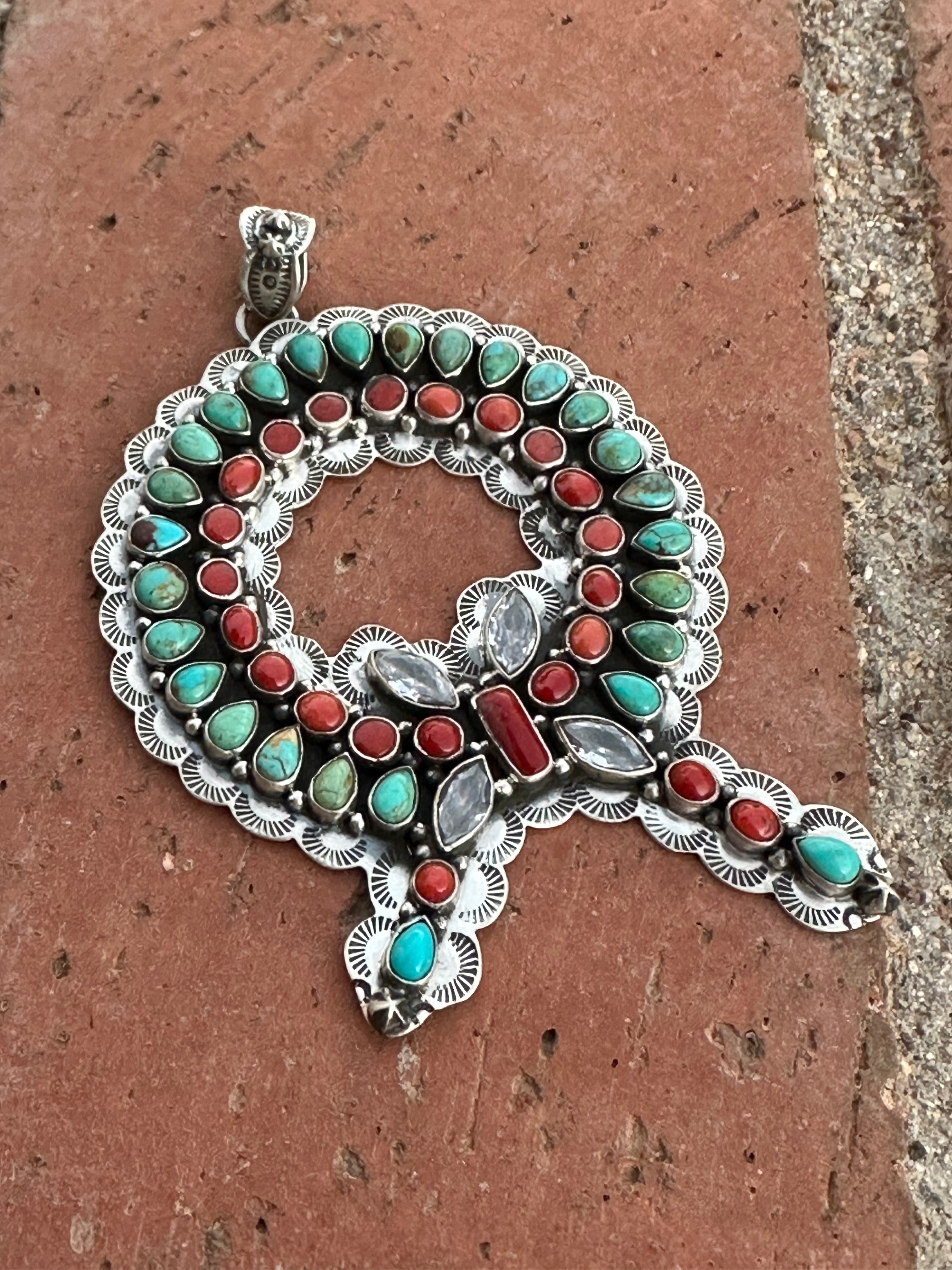 Handmade Sterling Silver, Coral & Kingman Turquoise Christmas Wreath Pendant