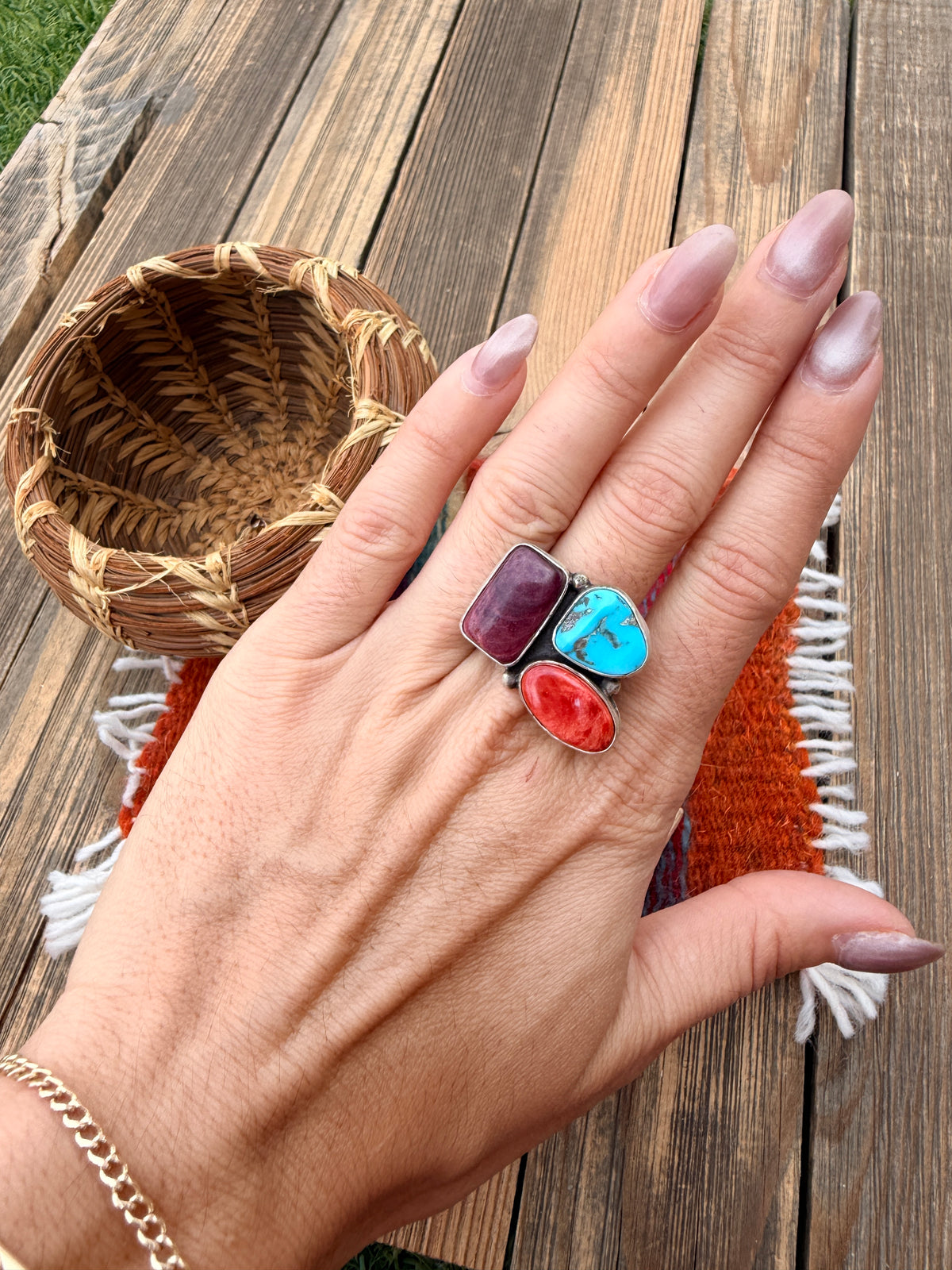 Handcrafted Spiny Oyster, Turquoise & Sterling Silver Adjustable Cluster Ring by Robert Livingston