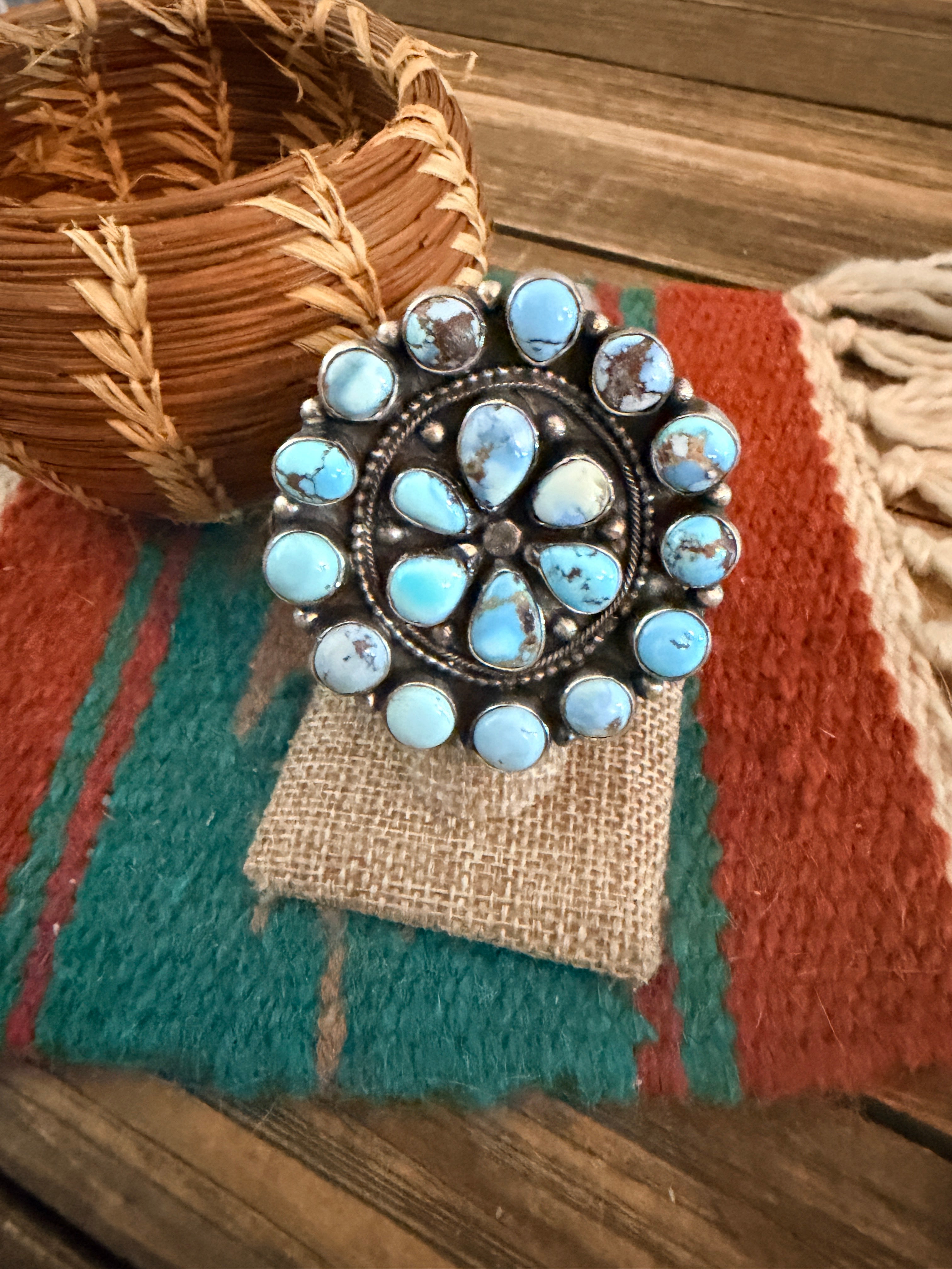 Handcrafted Golden Hills Turquoise & Sterling Silver Cluster Adjustable Ring by Ella Peters