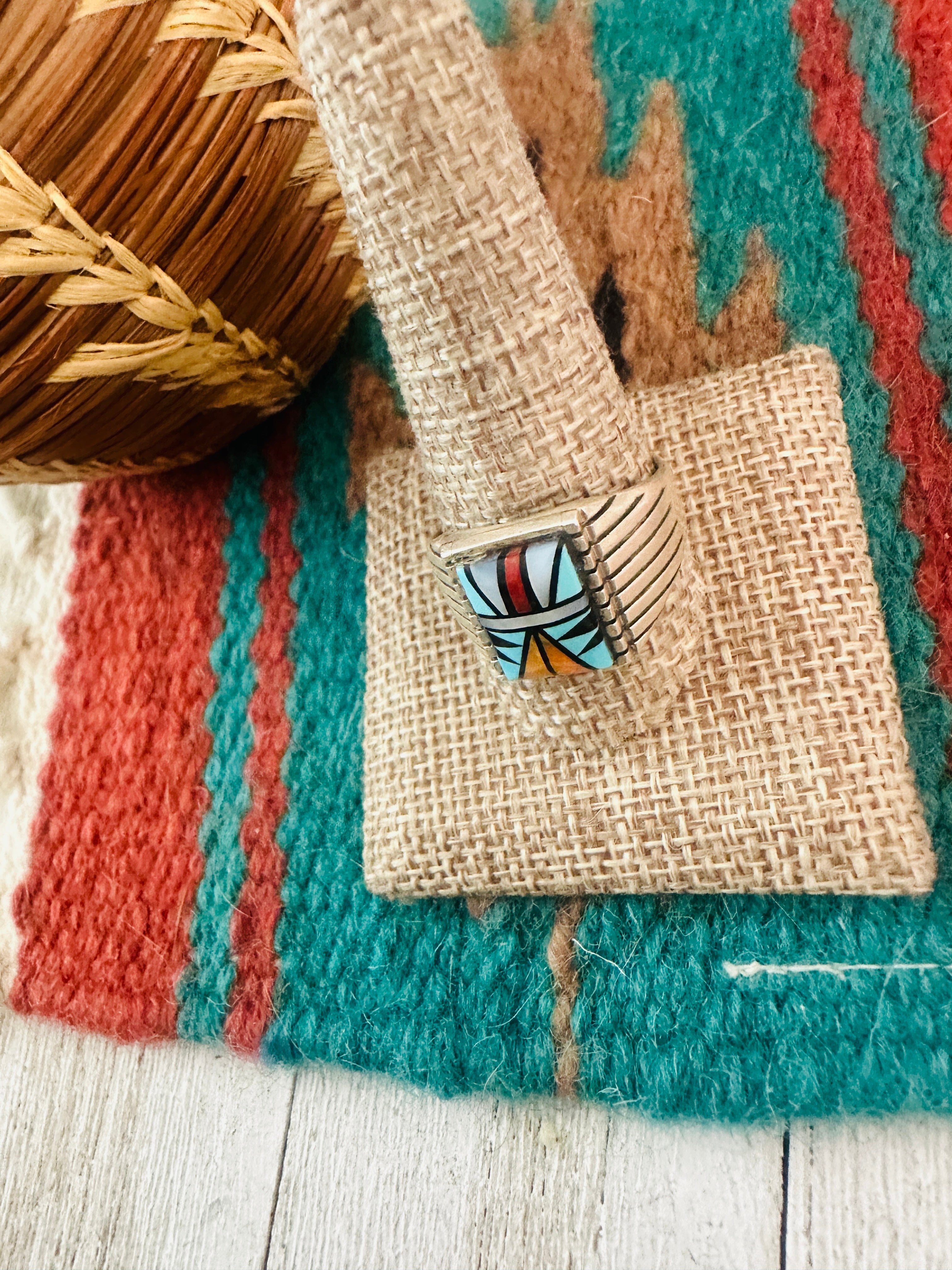 Handcrafted Old Pawn  Sterling Silver & Multi Stone Inlay Ring Size 12