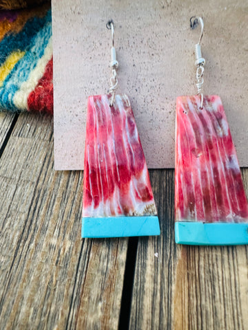 Handcrafted Spiny Oyster, Turquoise Slab Dangle Earrings