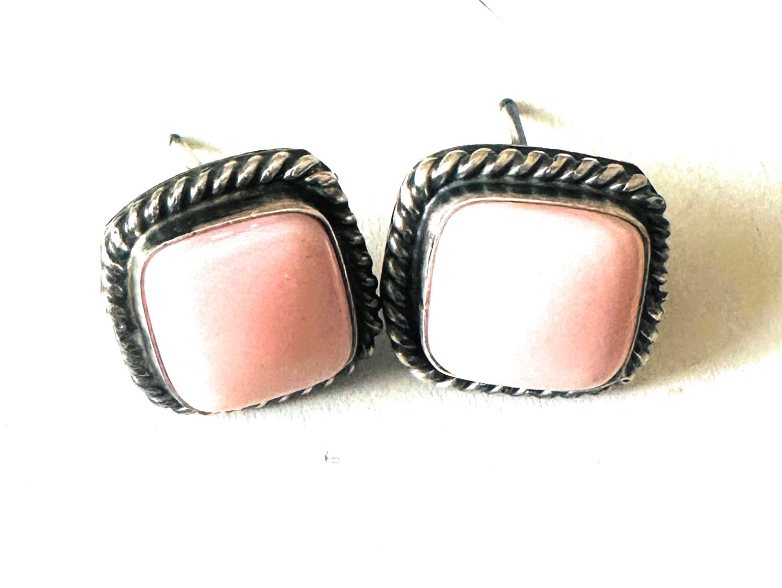 Navajo Sterling Silver & Queen Pink Conch Square Stud Earrings