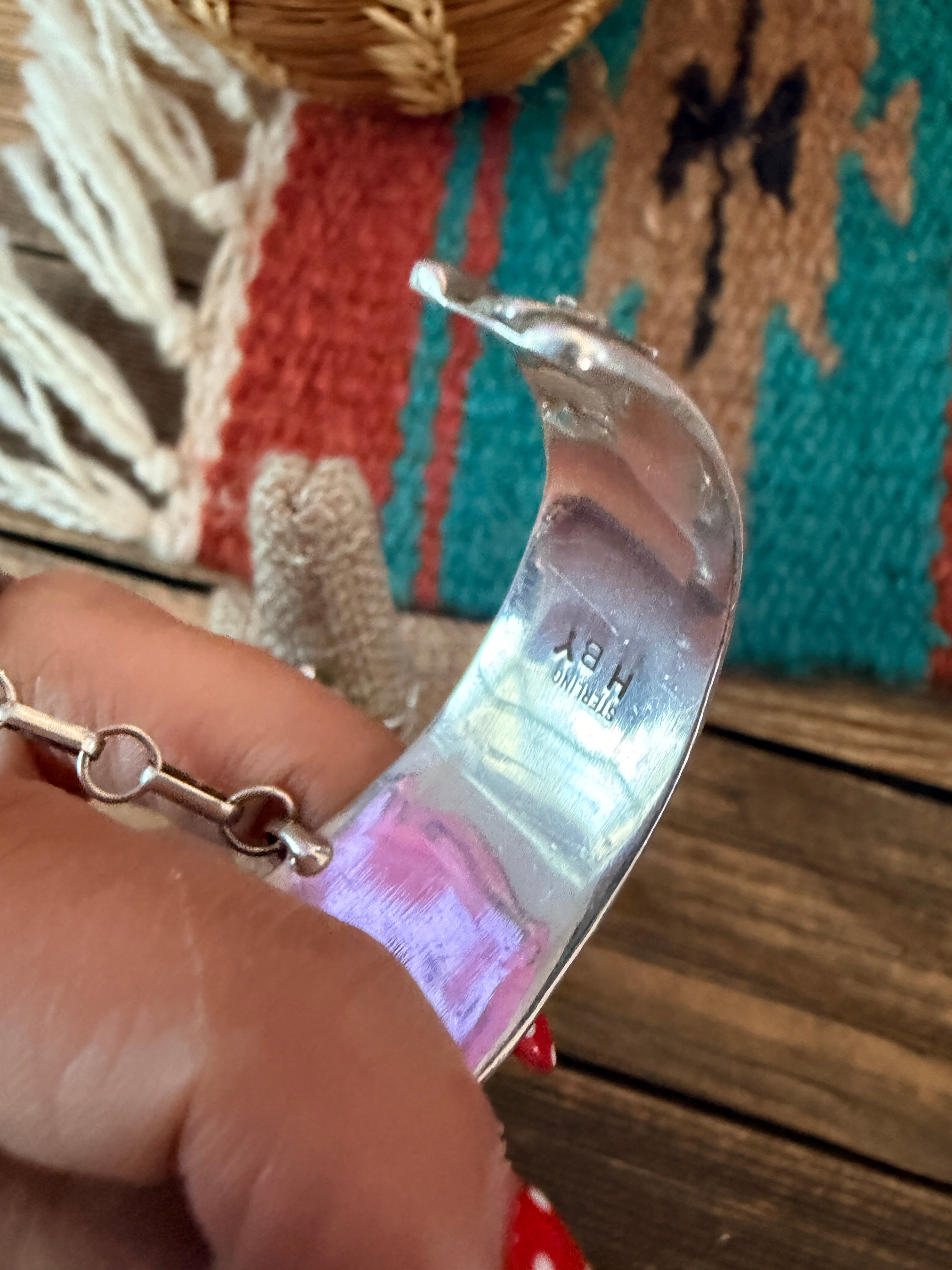 Handcrafted Old Pawn Turquoise, Coral & Sterling Silver Watch Cuff with Hand Chain