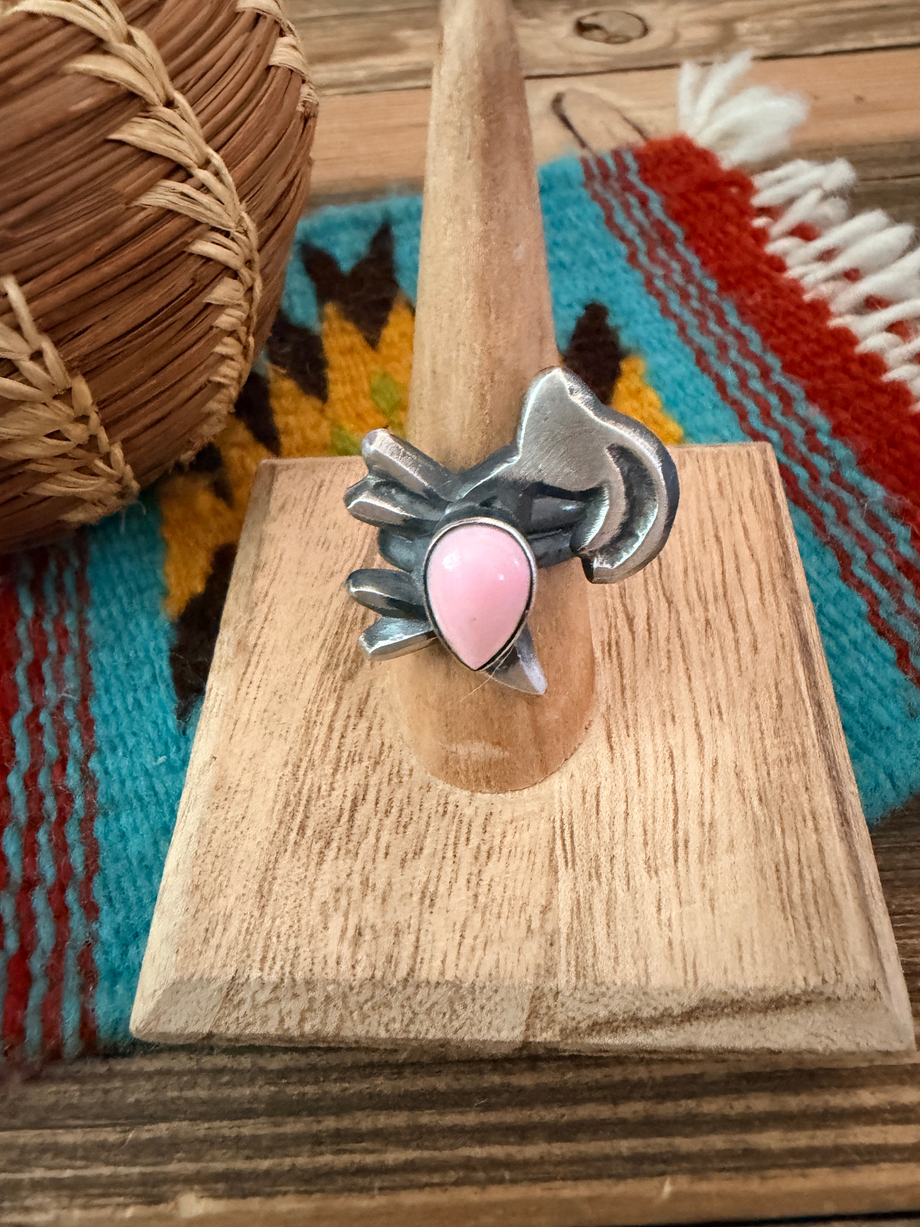 Handcrafted Queen Pink Conch and Sterling Silver Goat Ring size 7.75 by Chimney Butte