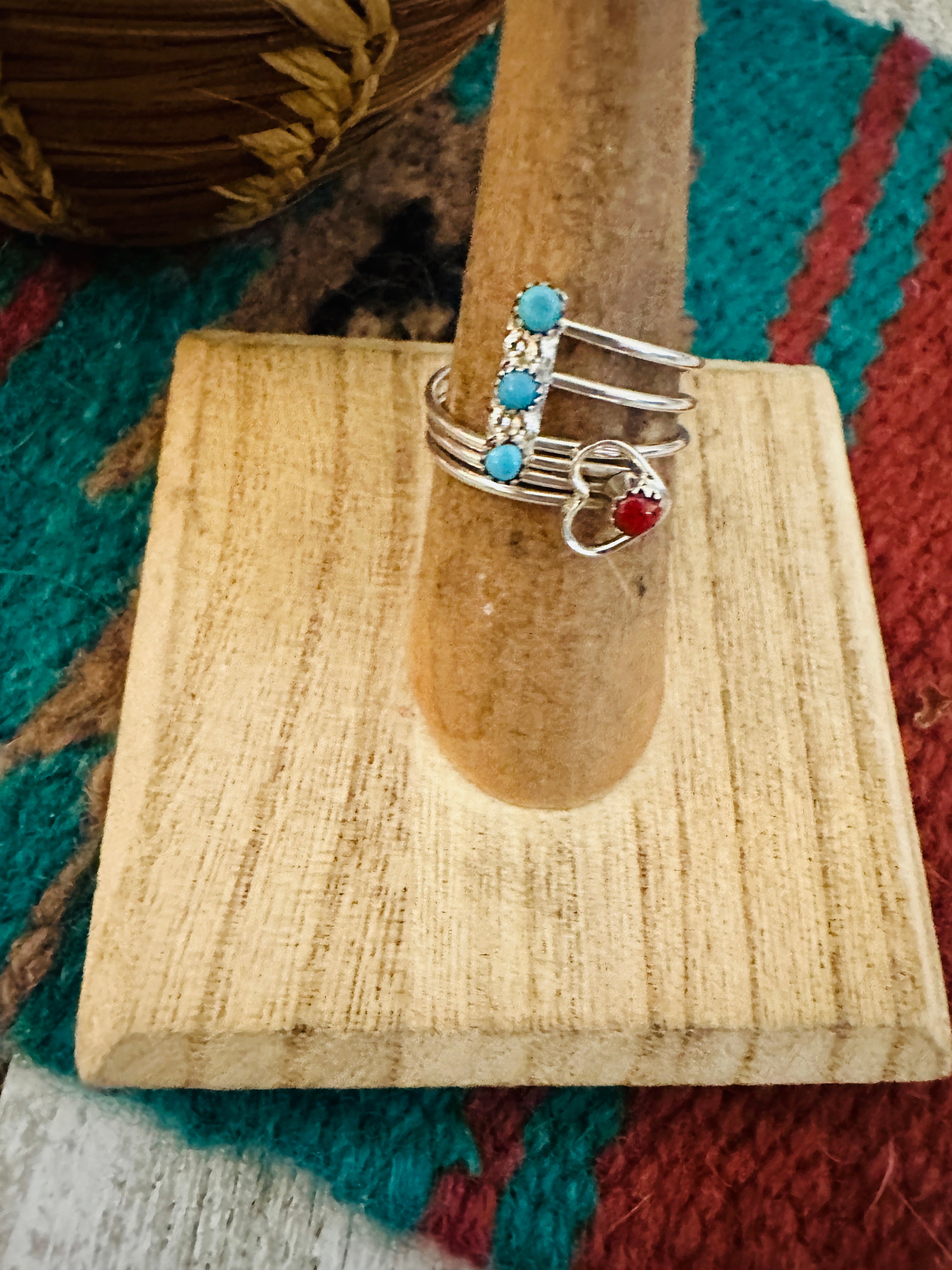 Zuni Turquoise, Coral & Sterling Silver Heart Adjustable Ring