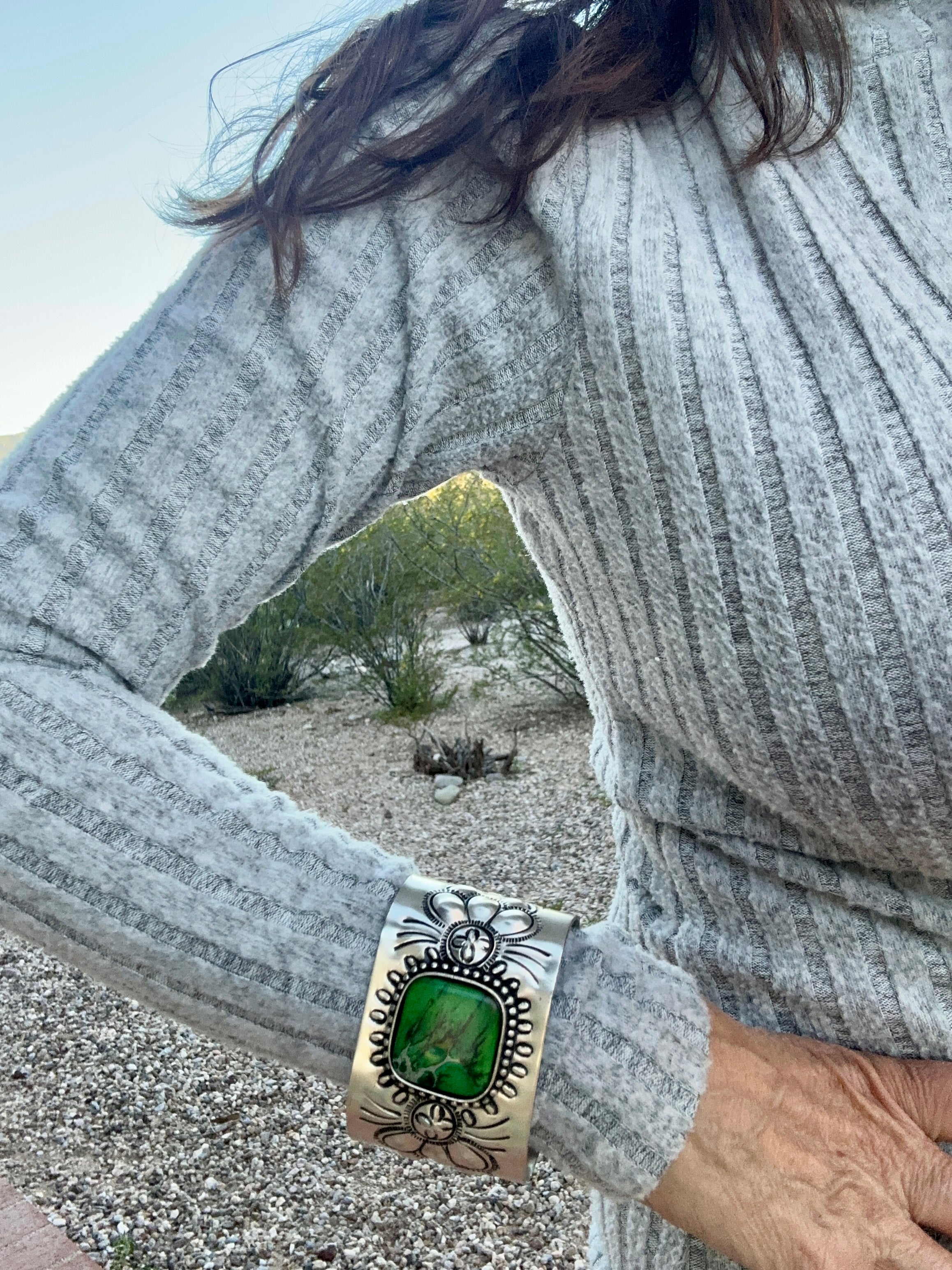Engraved Silver Plated Cuff Bracelet with Green Stone