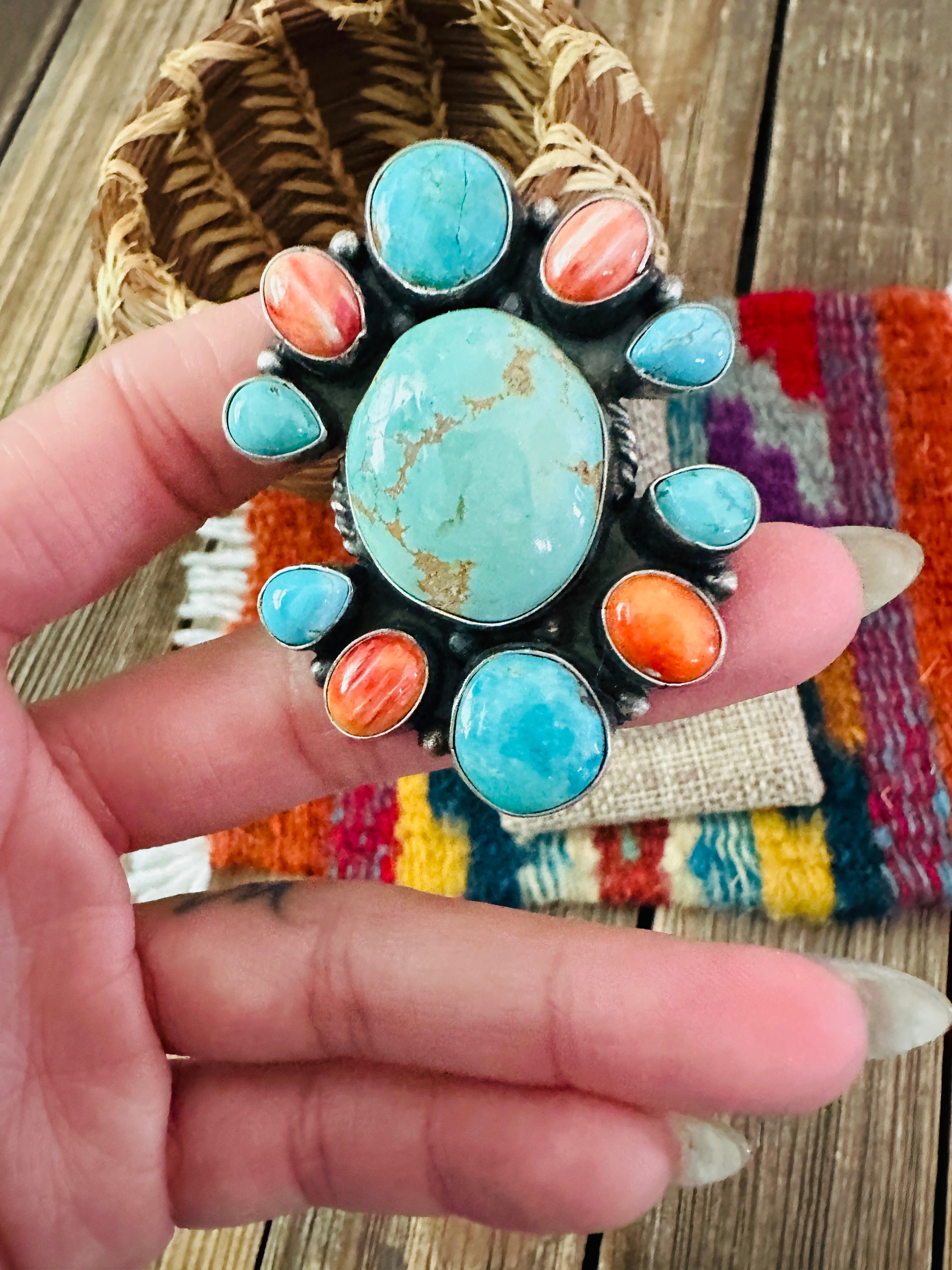 Handcrafted Spiny, Turquoise & Sterling Silver Cluster Ring Size 9.5 by Sheila Becenti