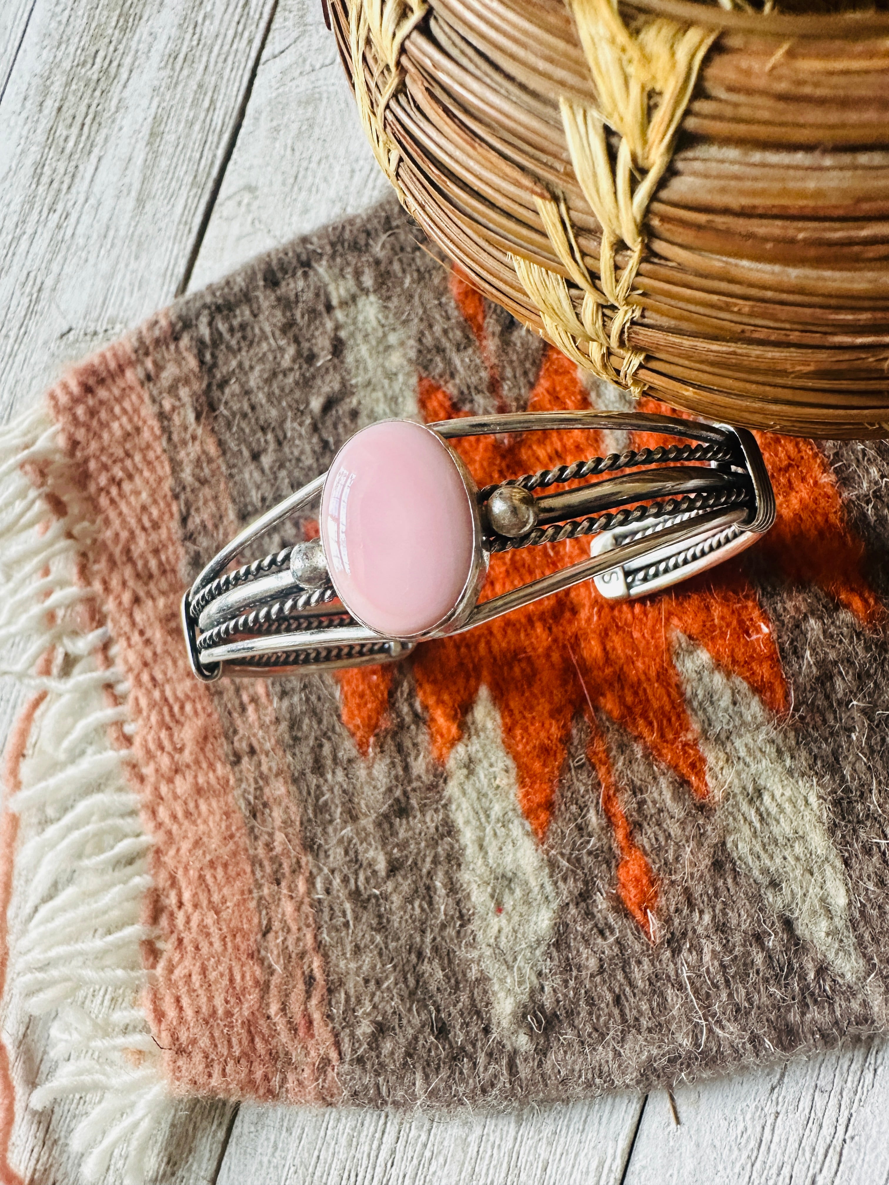 Navajo Queen Pink Conch Shell & Sterling Silver Cuff Bracelet