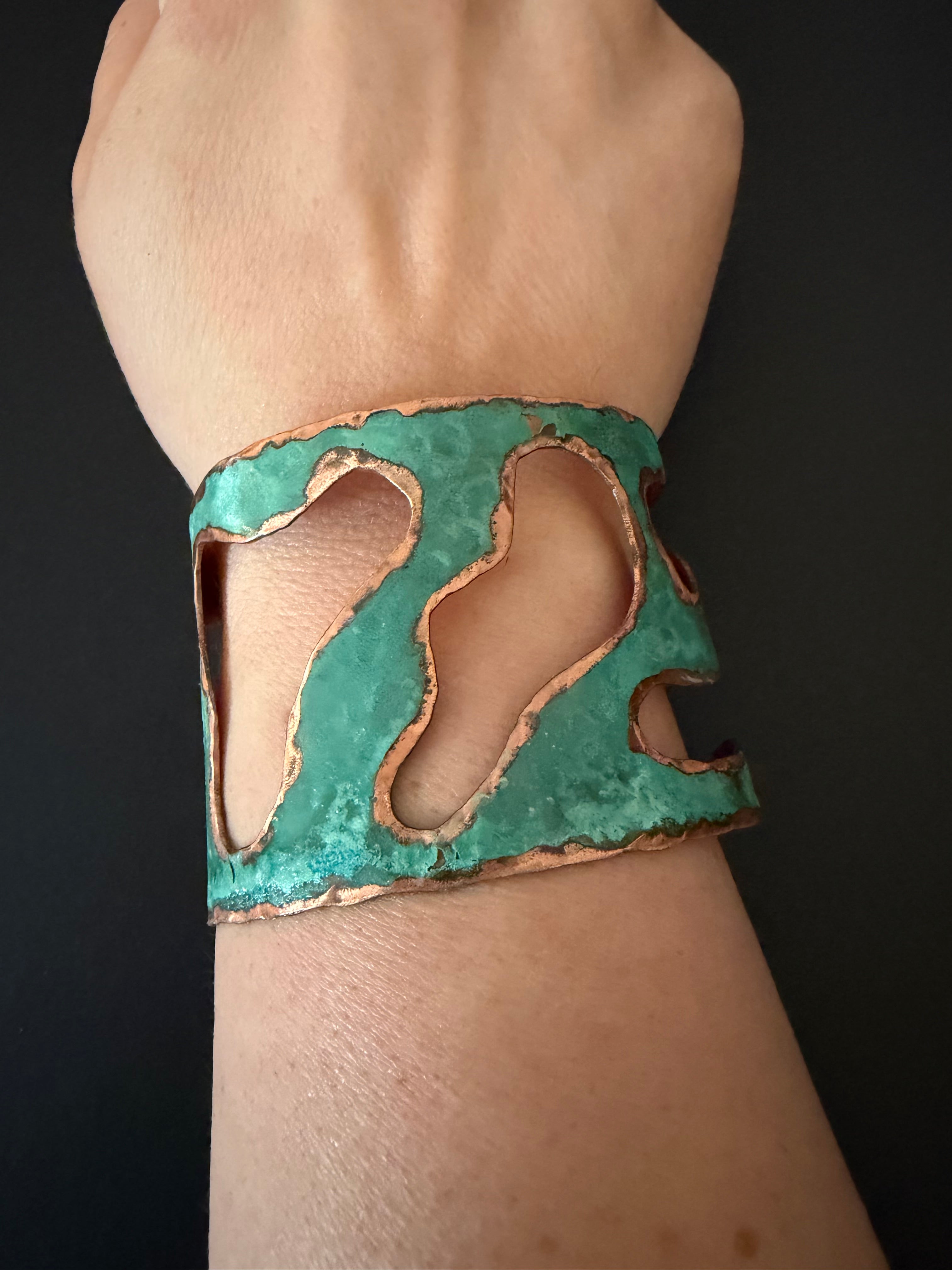 Sterling-Oxidized Lacquer Copper & Turquoise Lake Cuff Bracelet 2"