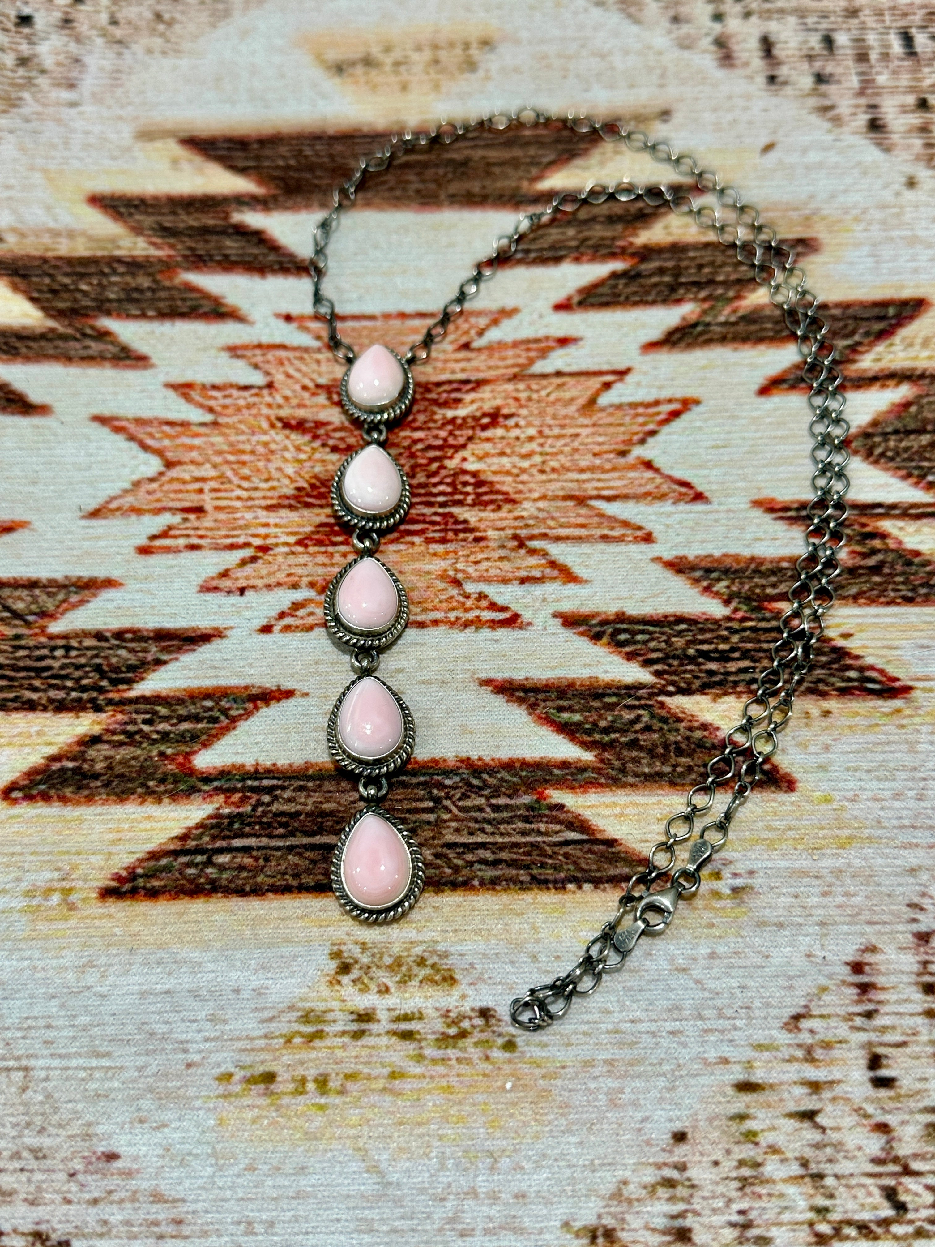 Handcrafted Queen Pink Conch & Sterling Silver 5 Teardrop Necklace