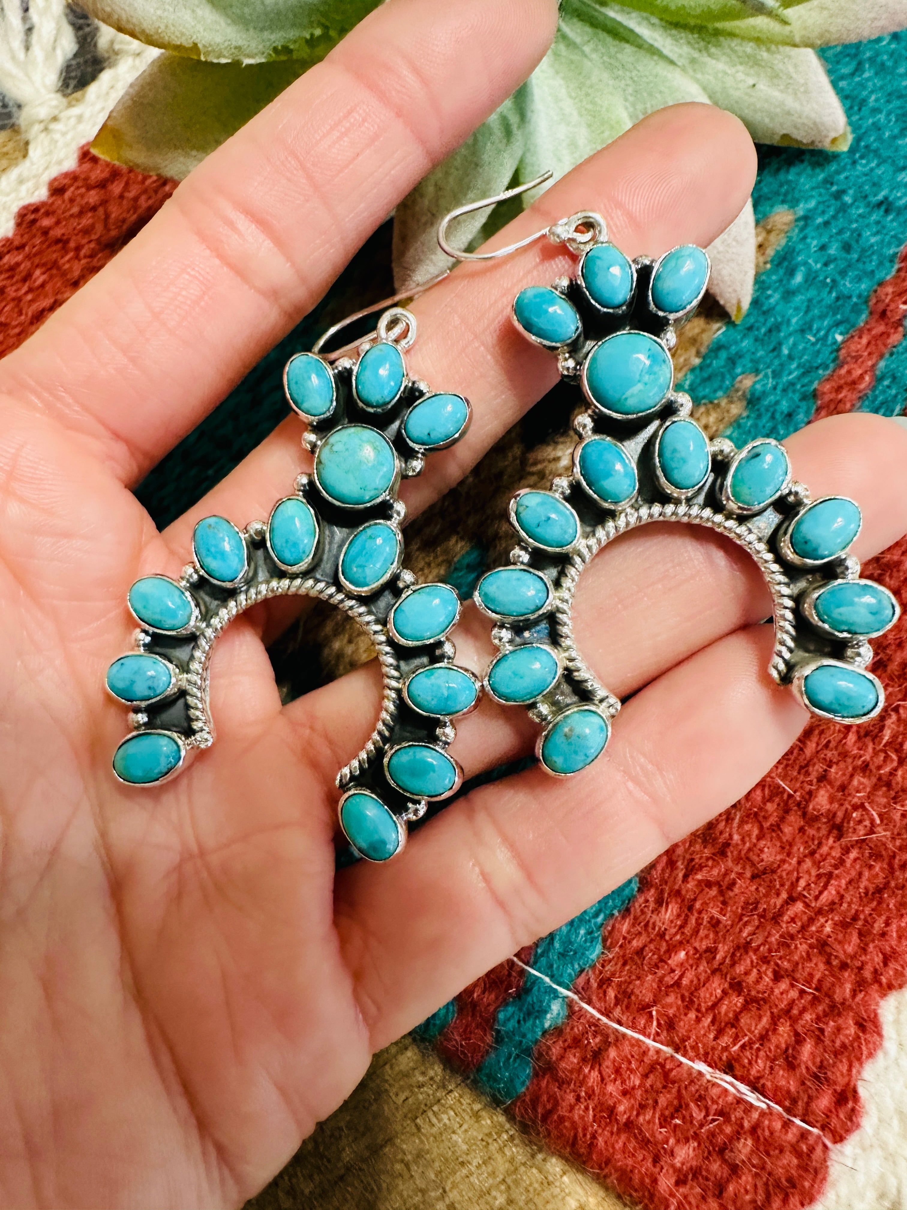 Handmade Turquoise & Sterling Silver Naja Style Dangle Earrings Signed Nizhoni