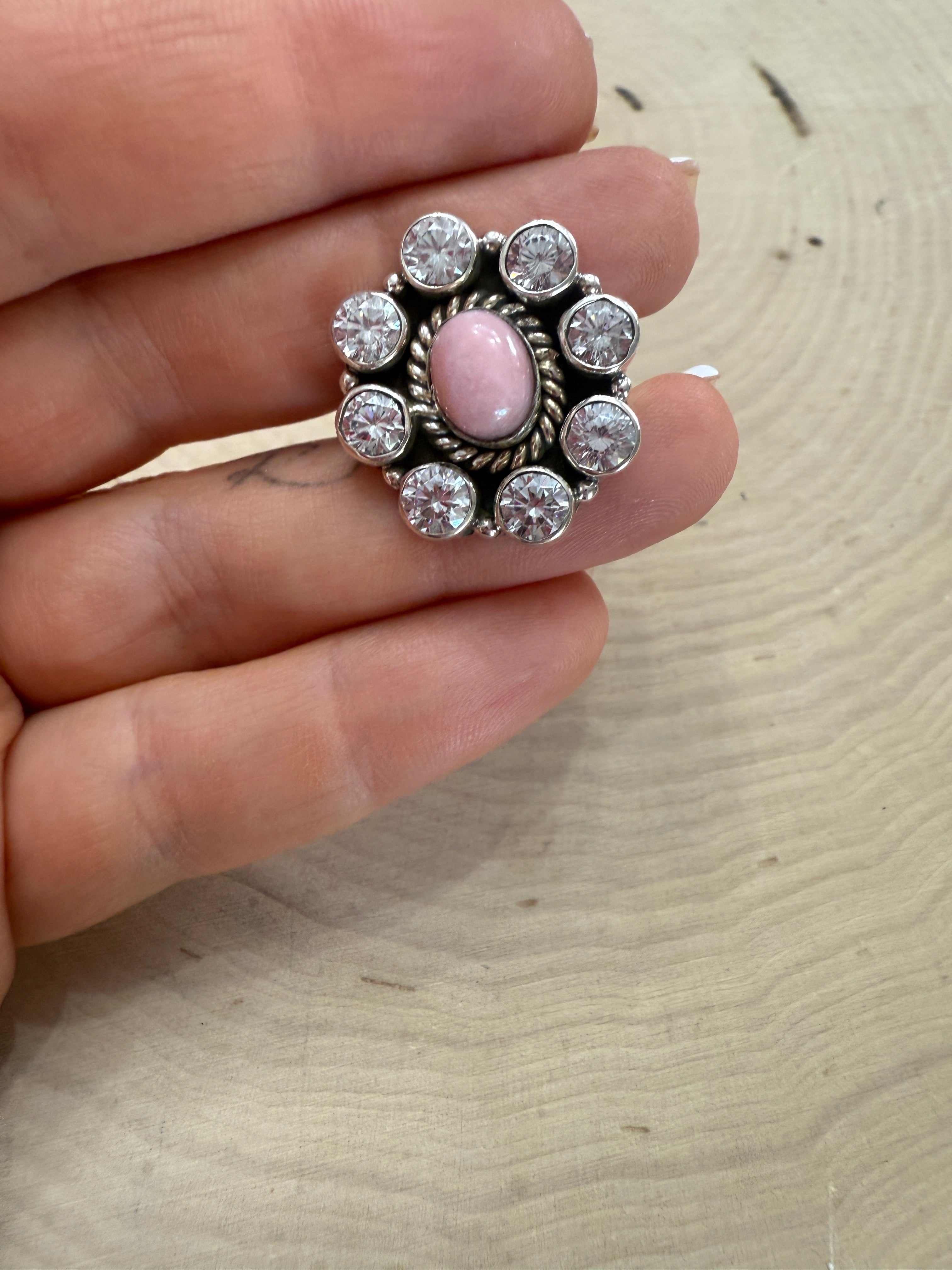 Handmade Pink Conch, CZ & Sterling Silver Adjustable Ring