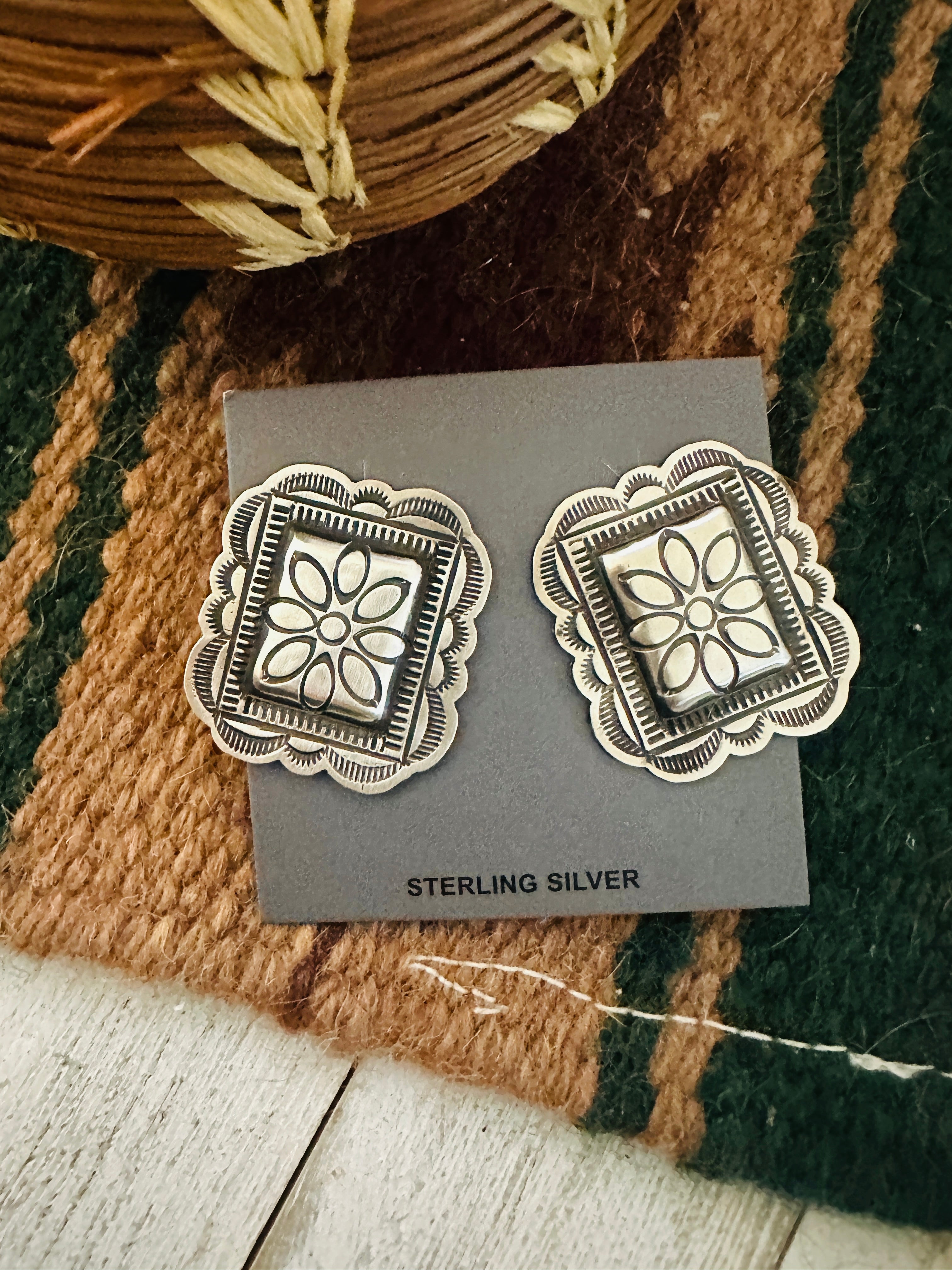 Navajo Hand Stamped Sterling Silver Concho Post Earrings